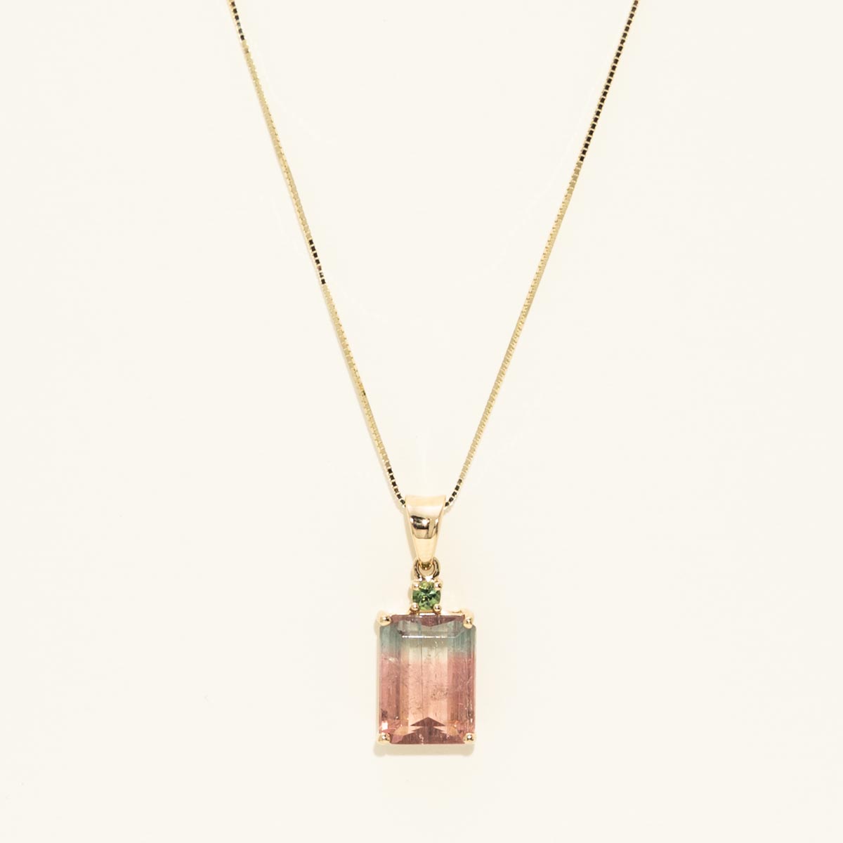 Emerald Cut Bicolor Tourmaline Necklace in 14kt Yellow Gold with Green Tourmaline