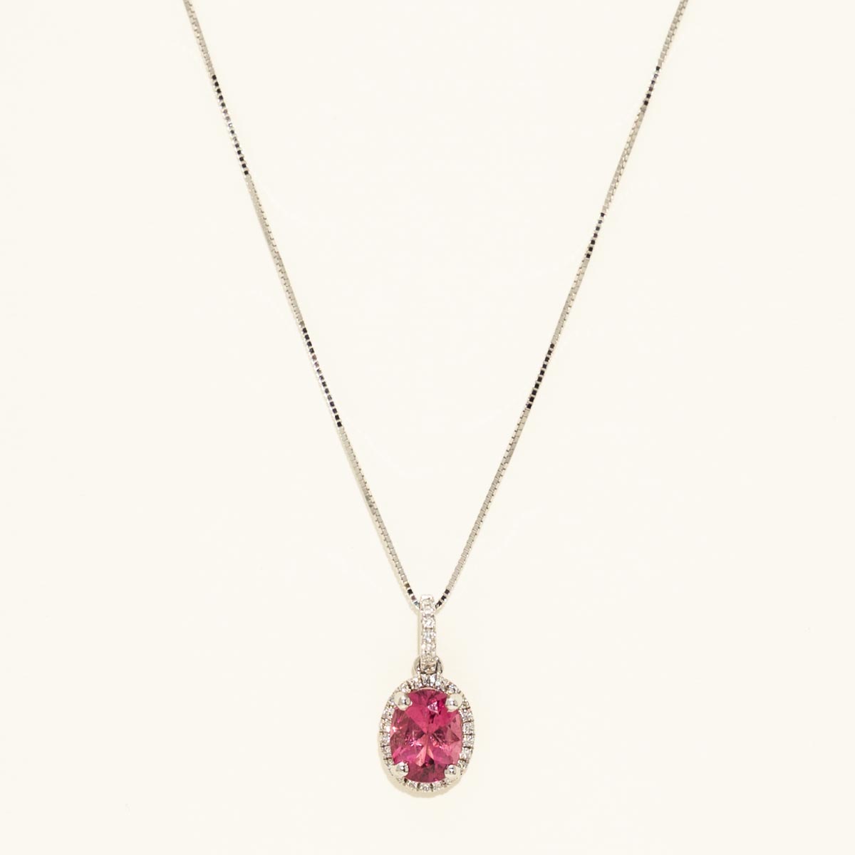 Oval Pink Tourmaline Halo Necklace in 14kt White Gold with Diamonds (1/10ct tw)
