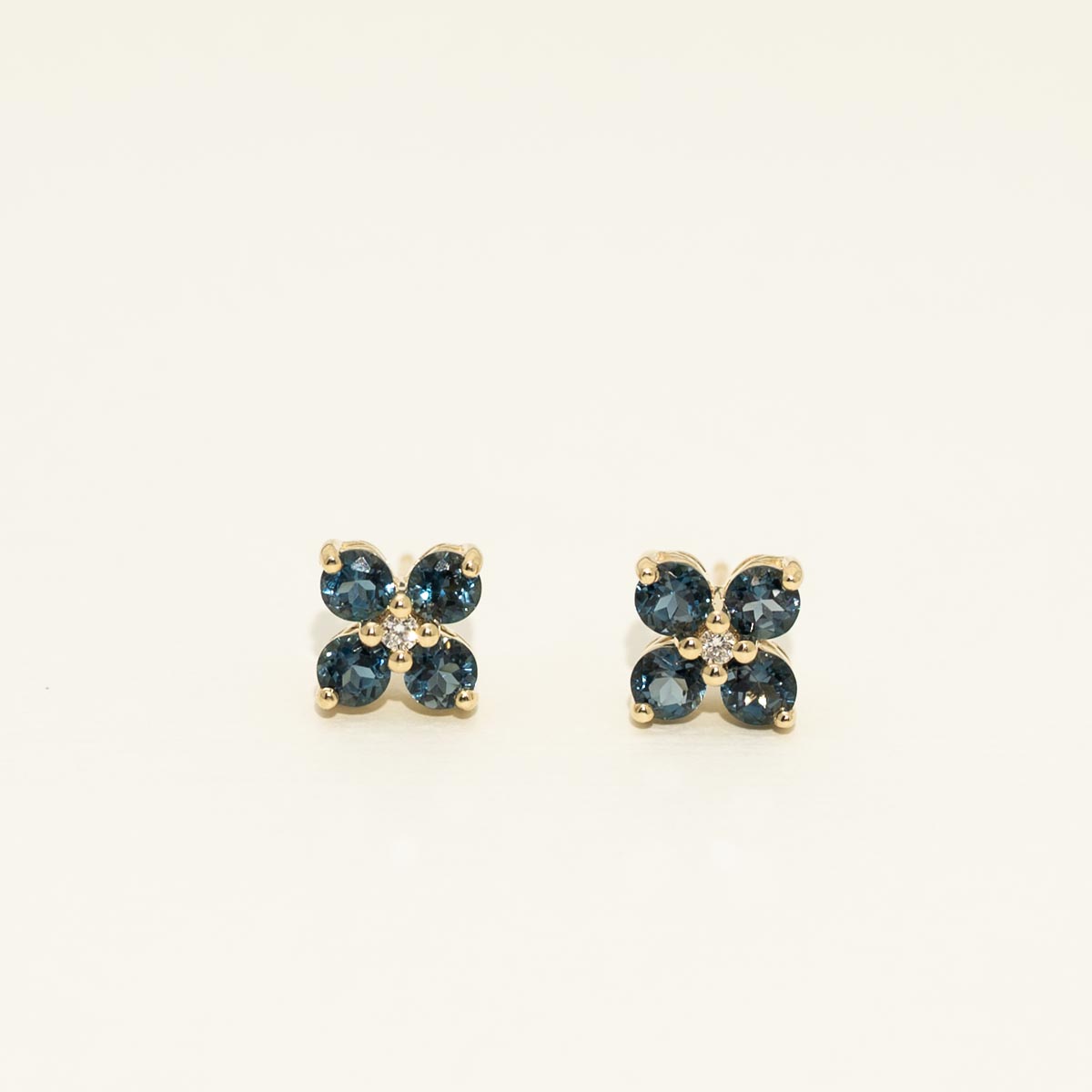London Blue Topaz Flower Stud Earrings in 14kt Yellow Gold with Diamonds (.04ct tw)