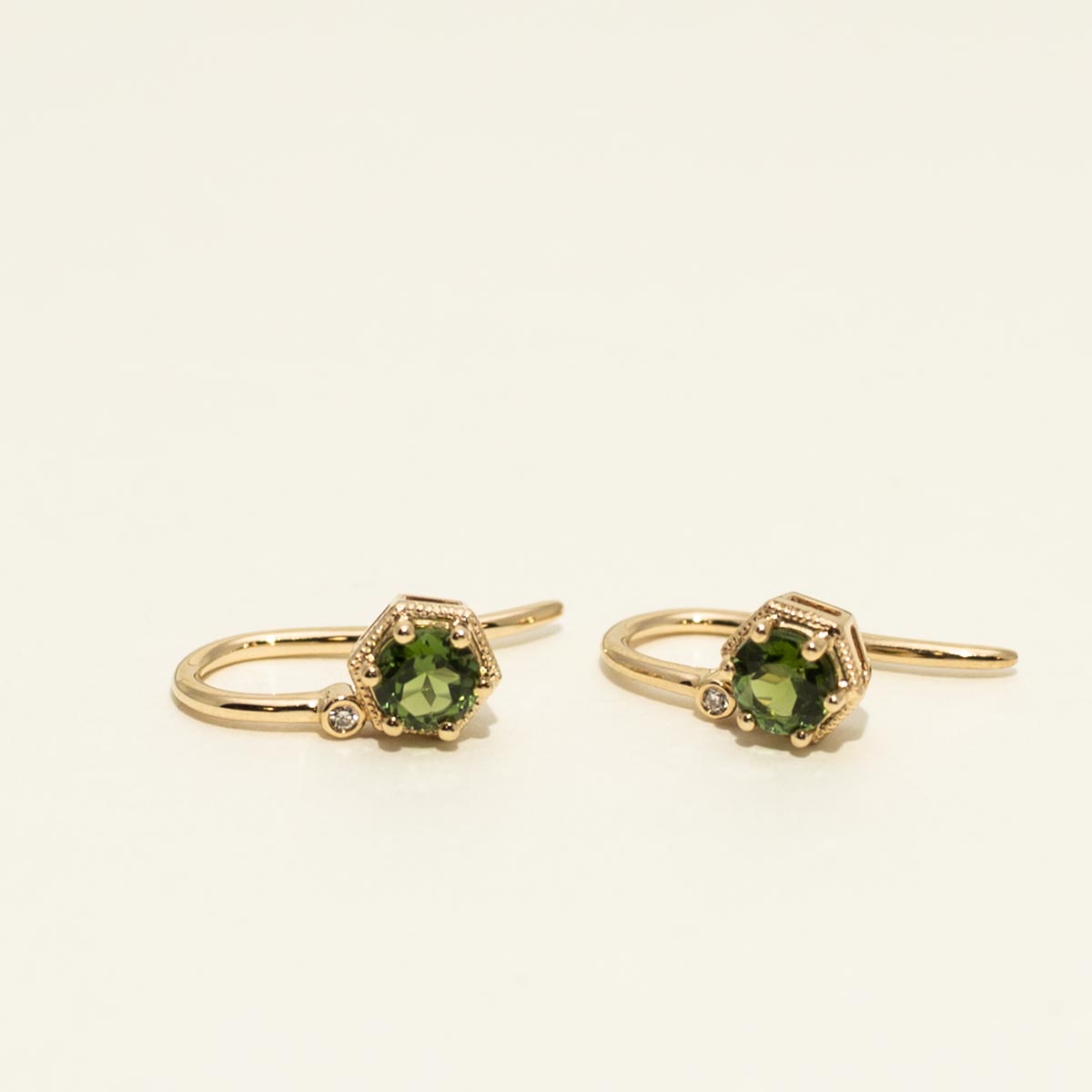 Maine Green Tourmaline Dangle Earrings in 14Kt Yellow Gold with Diamonds (.01ct tw)