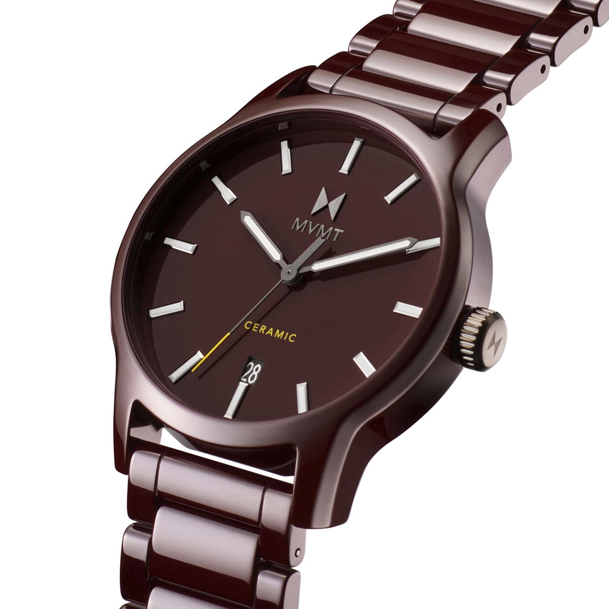 Mens MVMT Watch with Burgundy Dial and Burgundy Ceramic Bracelet (quartz movement)
