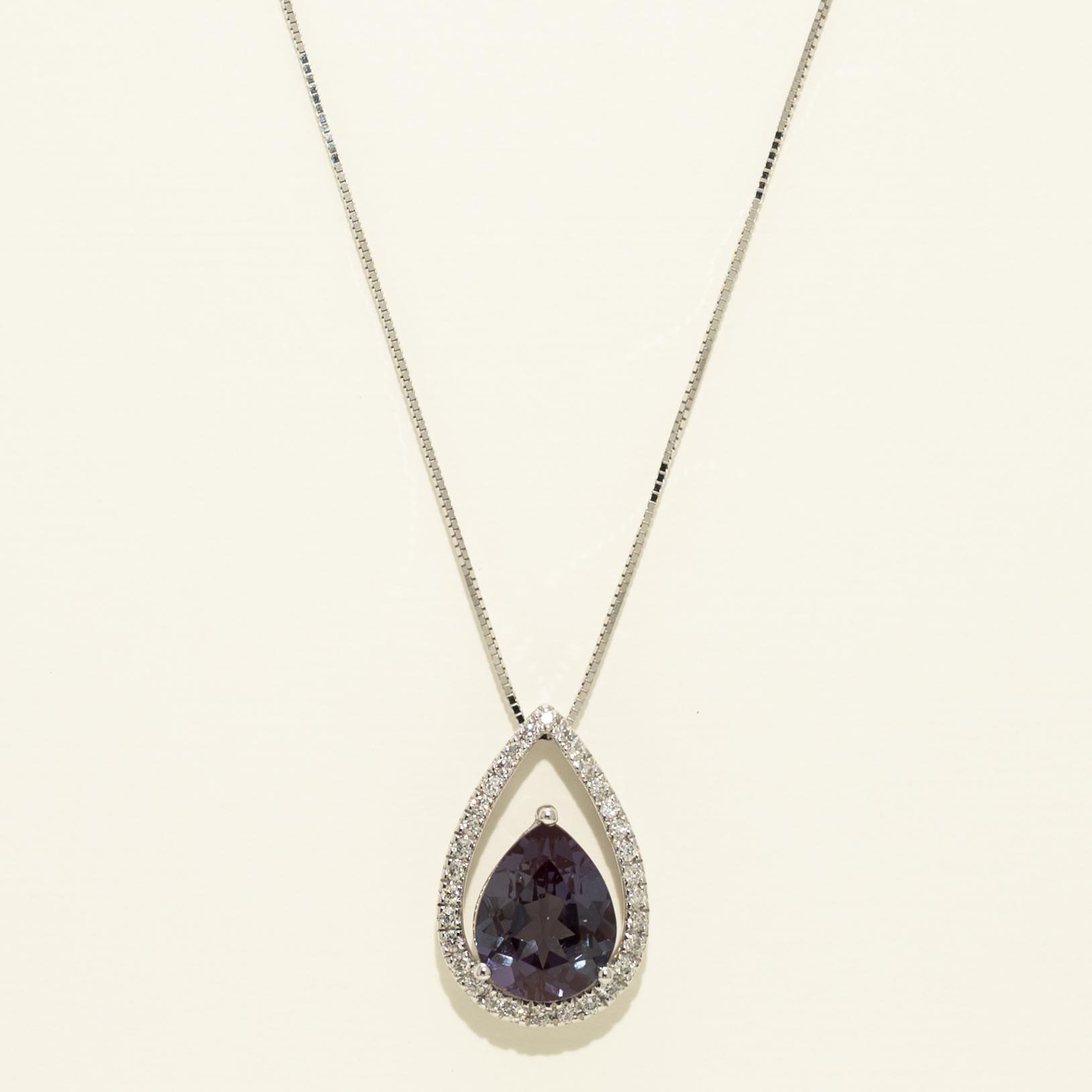 Pear Shape Created Alexandrite Necklace in 14kt White Gold with Diamonds (1/5ct tw)