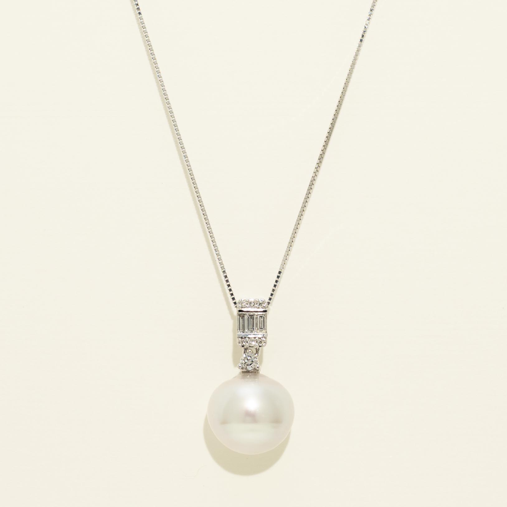 Cultured South Sea Pearl Necklace in 14kt White Gold with Diamonds (10mm pearl and 1/7ct tw)