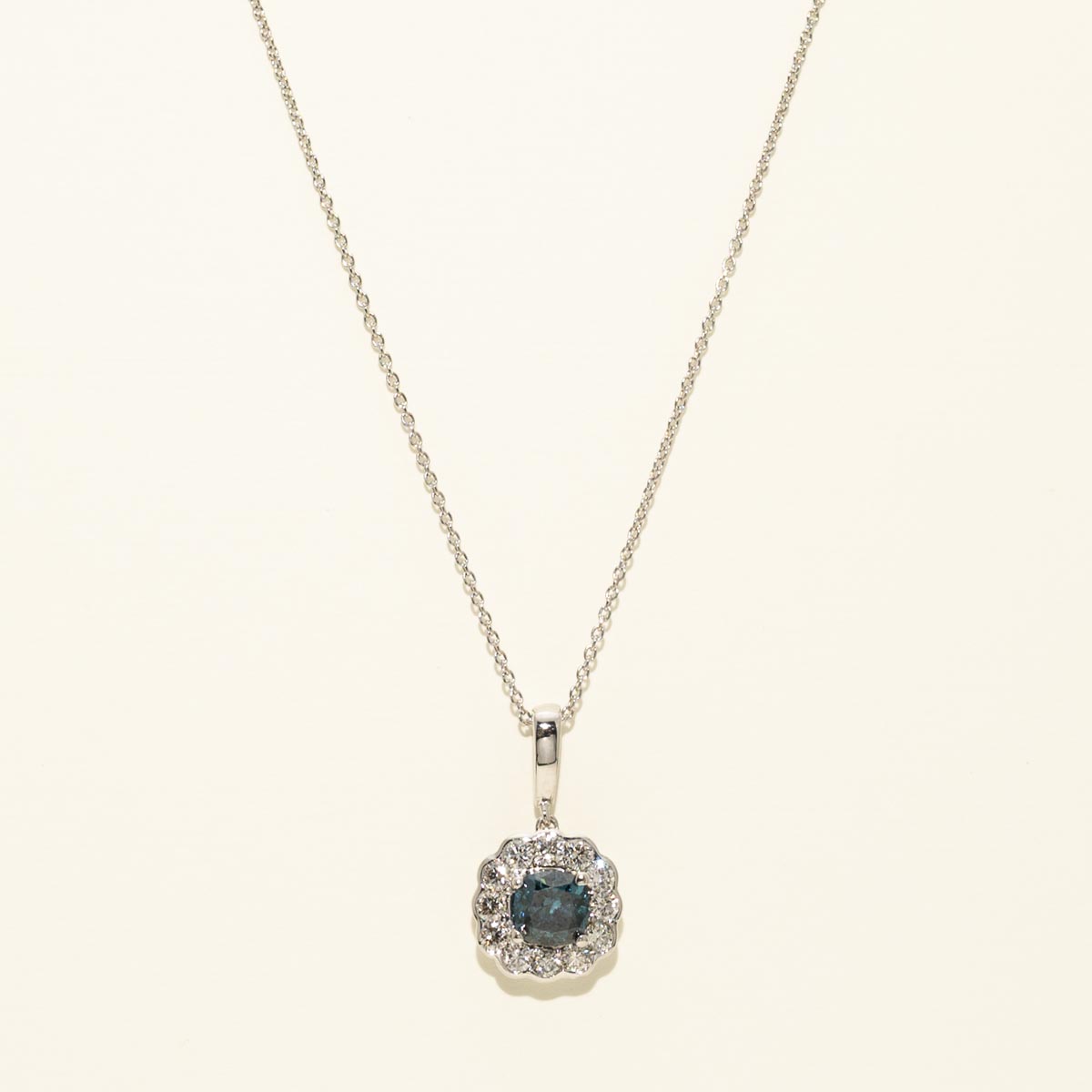 Cushion Cut Blue and White Diamond Halo Necklace in 14kt White Gold (3/4ct tw)