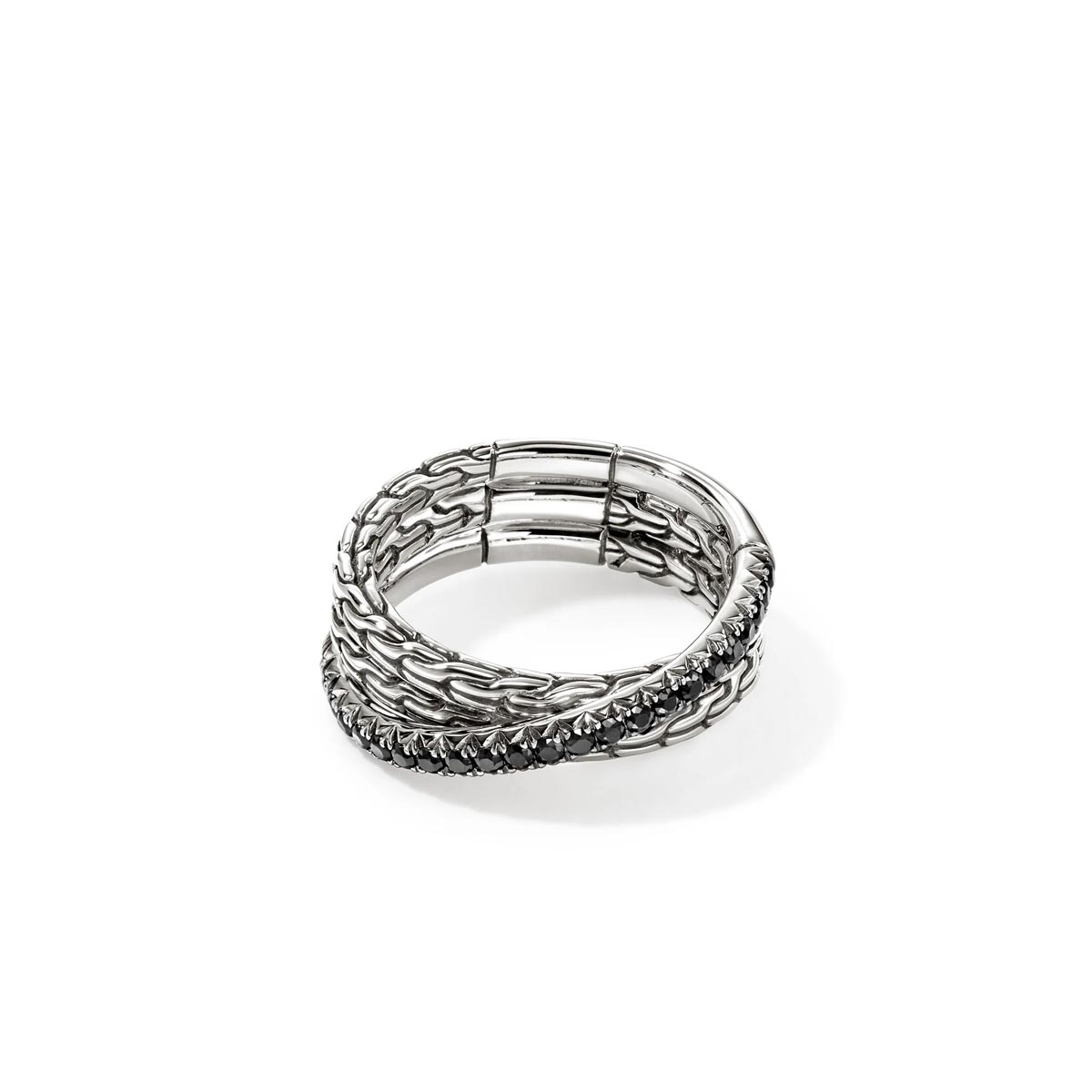 John Hardy Essentials Crossover Ring in Sterling Silver with Black Sapphires (size 7)