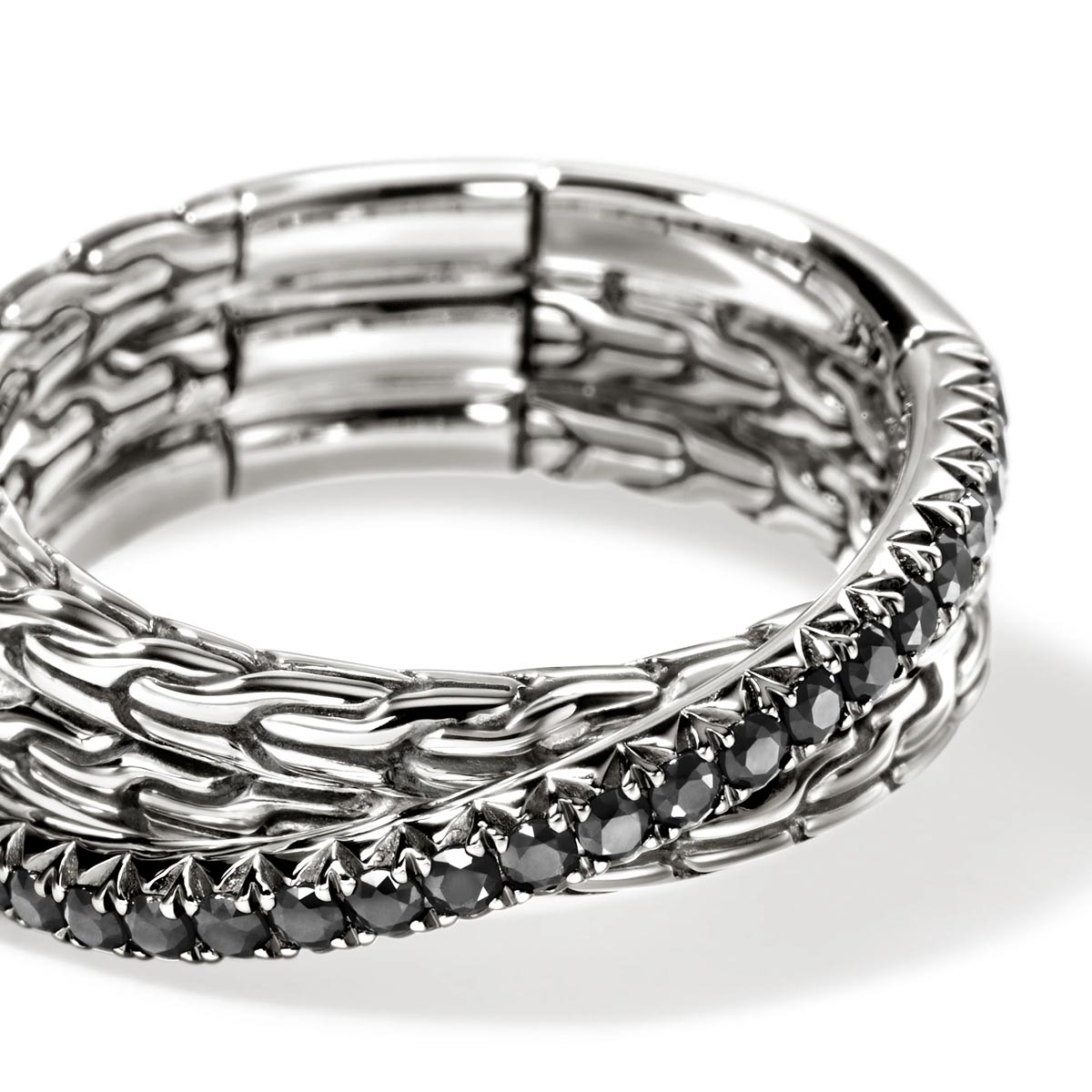 John Hardy Essentials Crossover Ring in Sterling Silver with Black Sapphires (size 7)