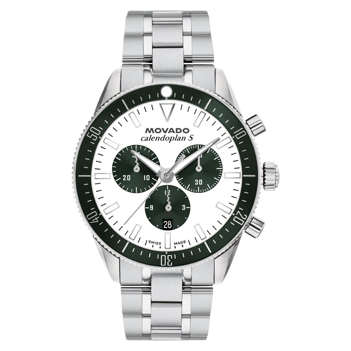 Movado Heritage Calendoplan S Mens Watch with White Dial and Green Bezel and Stainless Steel Bracelet (Swiss quartz movement)