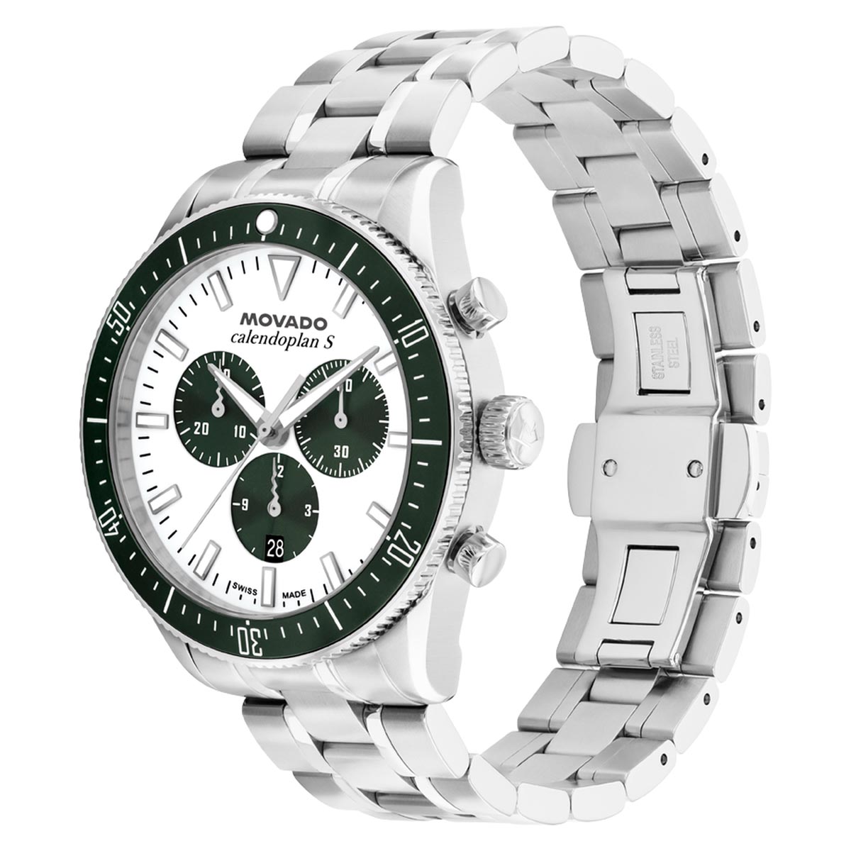 Movado Heritage Calendoplan S Mens Watch with White Dial and Green Bezel and Stainless Steel Bracelet (Swiss quartz movement)