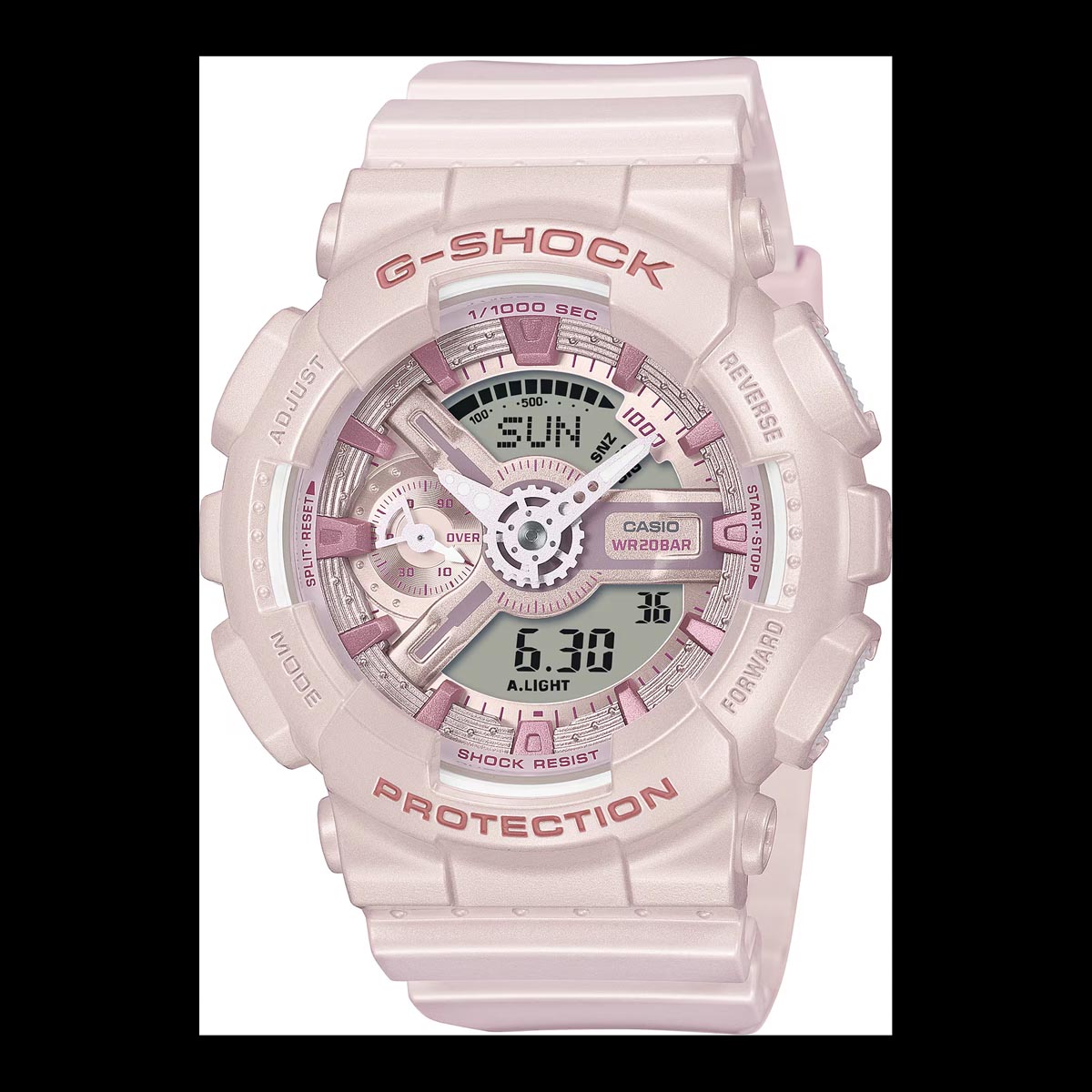 G-Shock Analog-Digital Womens Watch with Pink Dial and Pink Pearlescent Resin Strap (quartz movement)
