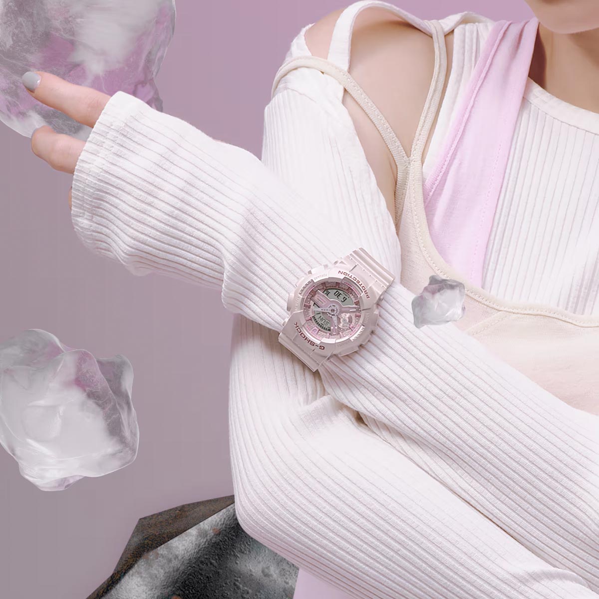 G-Shock Analog-Digital Womens Watch with Pink Dial and Pink Pearlescent Resin Strap (quartz movement)