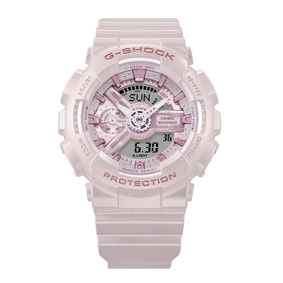 G-Shock Analog-Digital Womens Watch with Pink Dial and Pink Pearlescent Resin Strap (quartz movement)