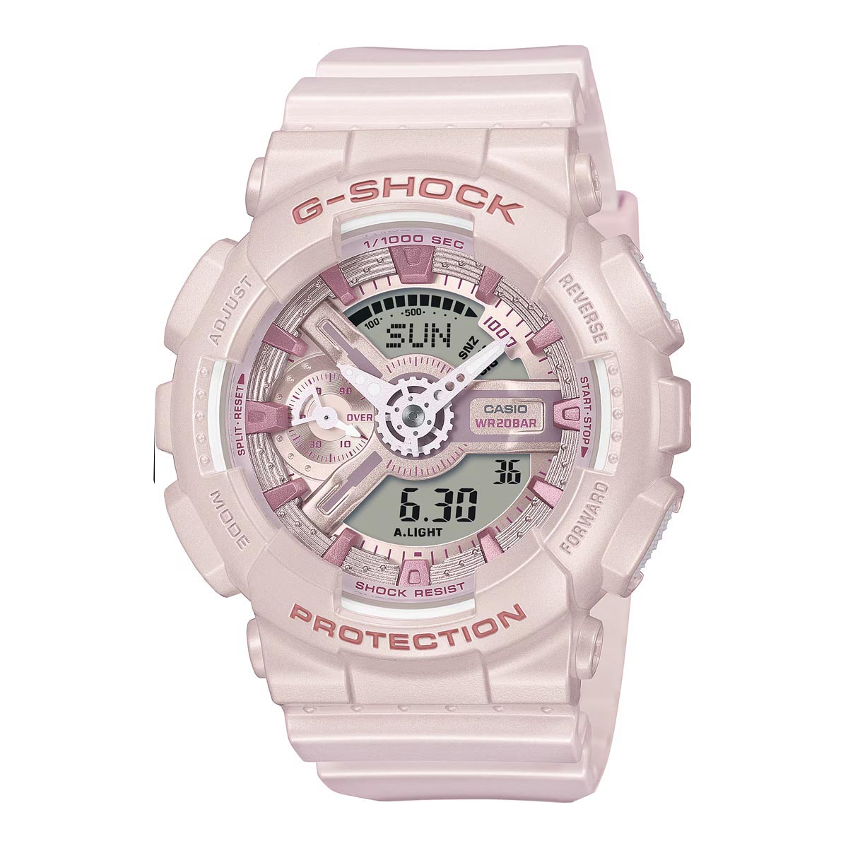 G-Shock Analog-Digital Womens Watch with Pink Dial and Pink Pearlescent Resin Strap (quartz movement)