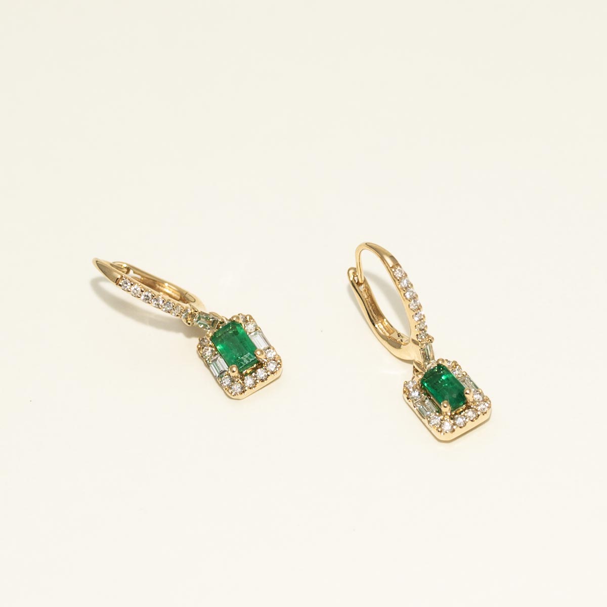 Emerald Cut Emerald Drop Earrings in 14kt Yellow Gold with Diamonds (1/2ct tw)