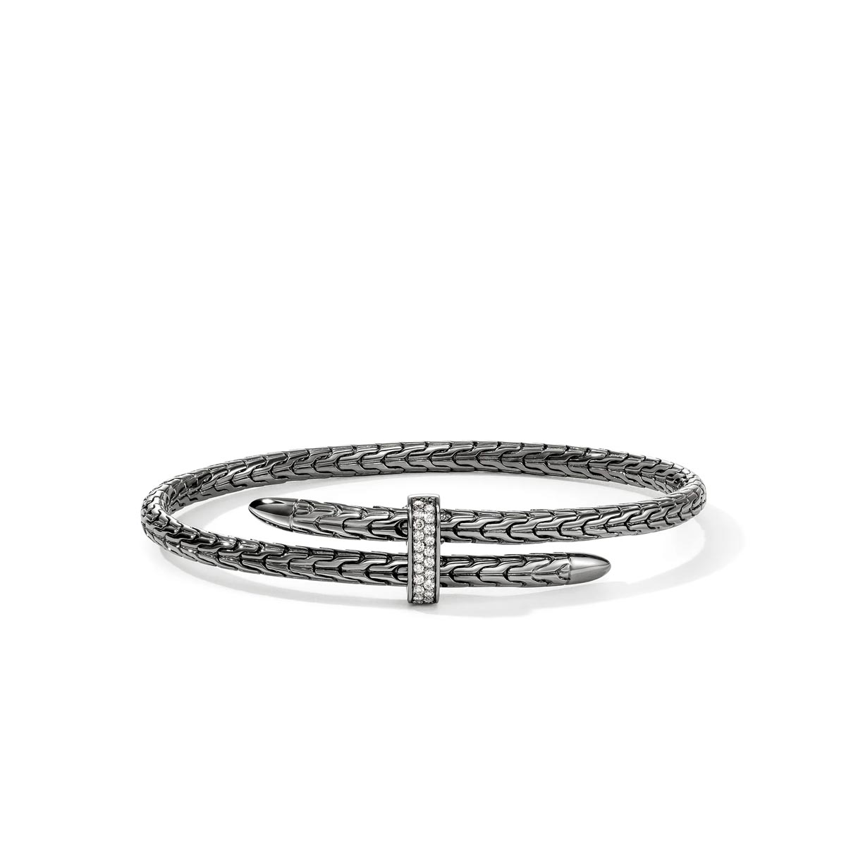 John Hardy Spear Bypass Bangle Bracelet in Sterling Silver and Black Rhodium with Diamonds (1/7ct tw)
