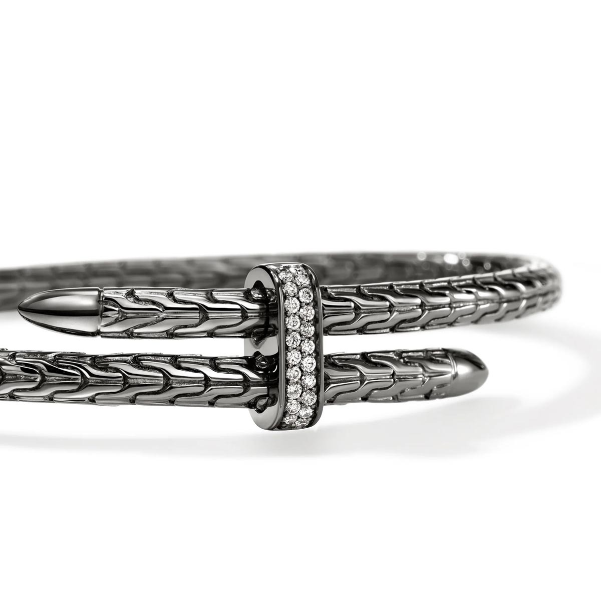 John Hardy Spear Bypass Bangle Bracelet in Sterling Silver and Black Rhodium with Diamonds (1/7ct tw)