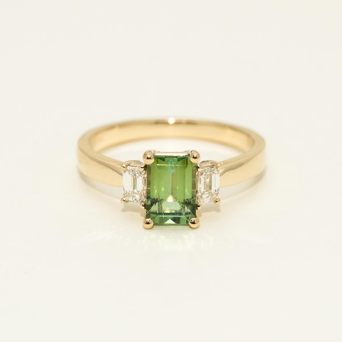 Emerald Cut Maine Green Tourmaline Ring in 14kt Yellow Gold with Diamonds (3/8ct tw)