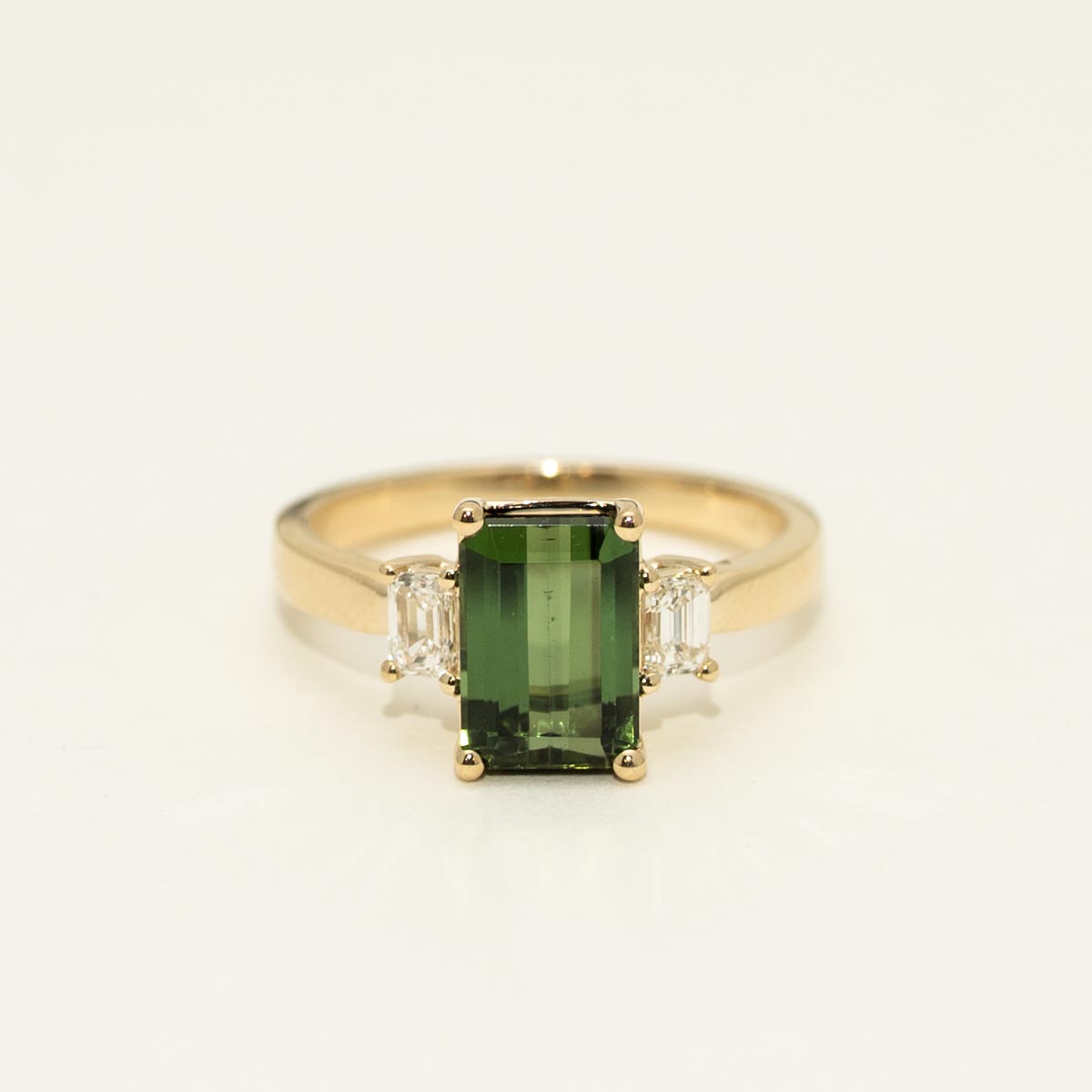 Emerald Cut Maine Green Tourmaline Ring in 14kt Yellow Gold with Diamonds (1/3ct tw)