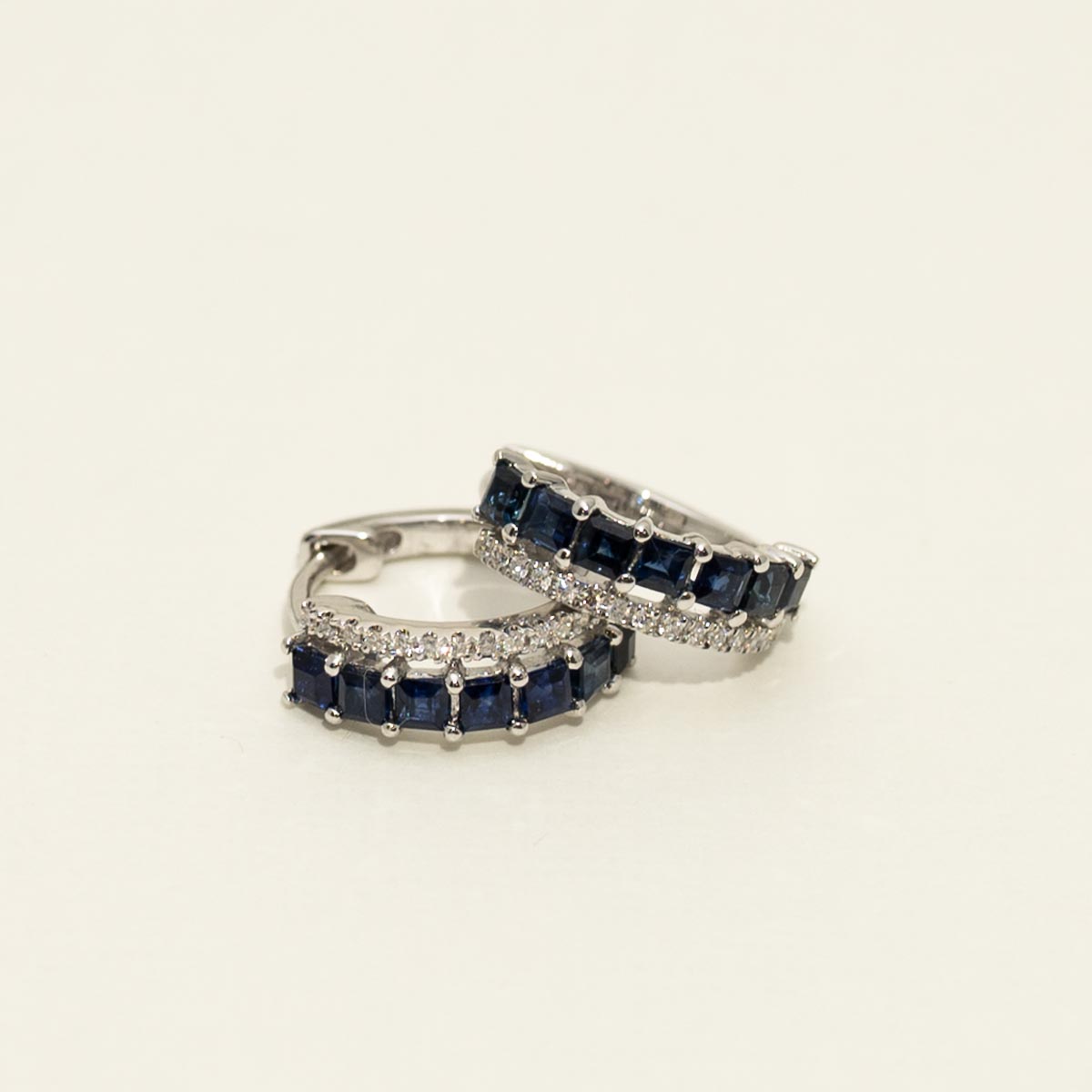 Princess Cut Sapphire Hoop Earrings in 14kt White Gold with Diamond (1/10ct tw)