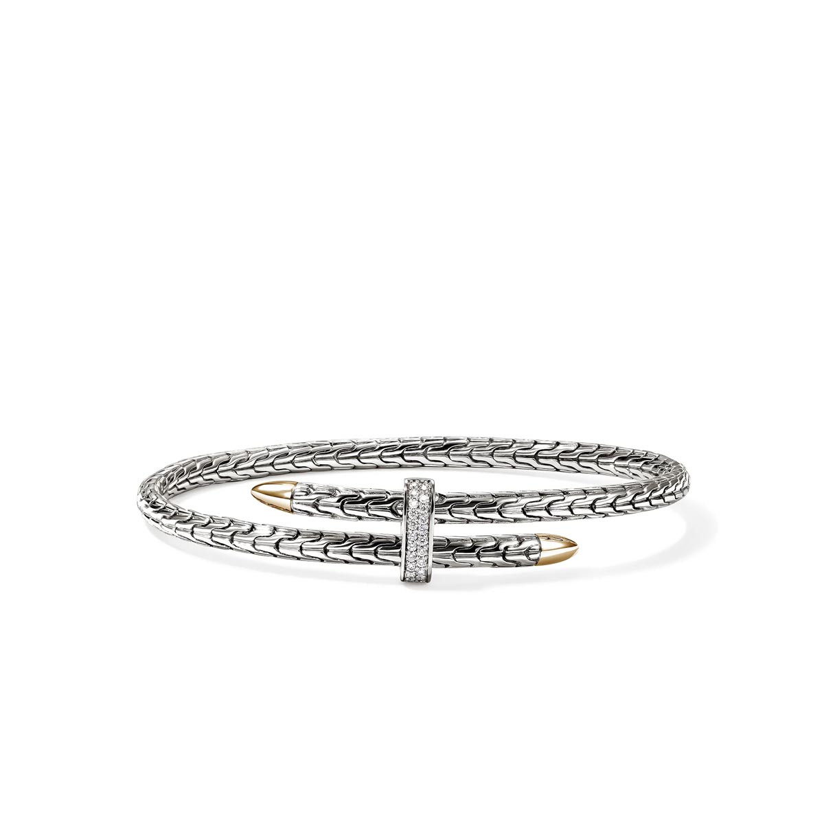 John Hardy Spear Bypass Bangle Bracelet in Sterling Silver and 14kt Yellow Gold with Diamonds (1/4ct tw)