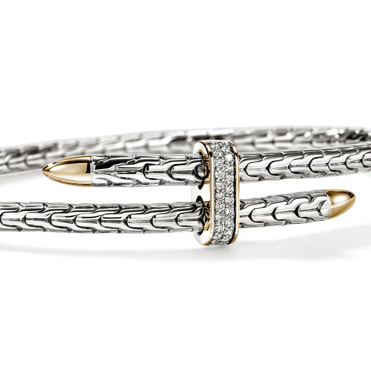 John Hardy Spear Bypass Bangle Bracelet in Sterling Silver and 14kt Yellow Gold with Diamonds (1/4ct tw)