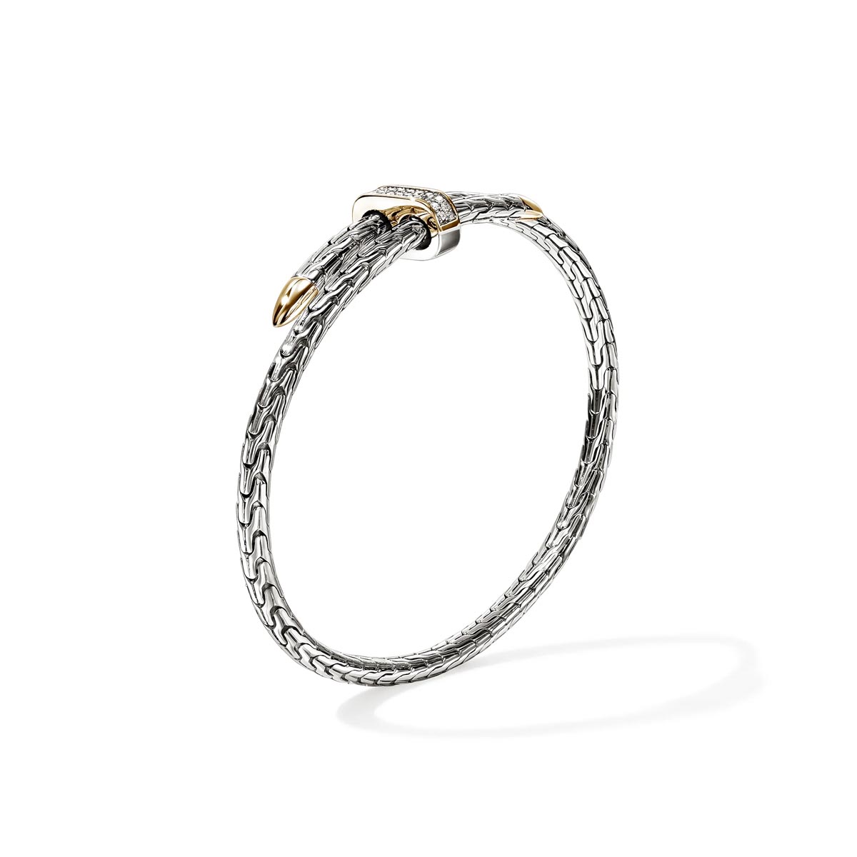 John Hardy Spear Bypass Bangle Bracelet in Sterling Silver and 14kt Yellow Gold with Diamonds (1/4ct tw)