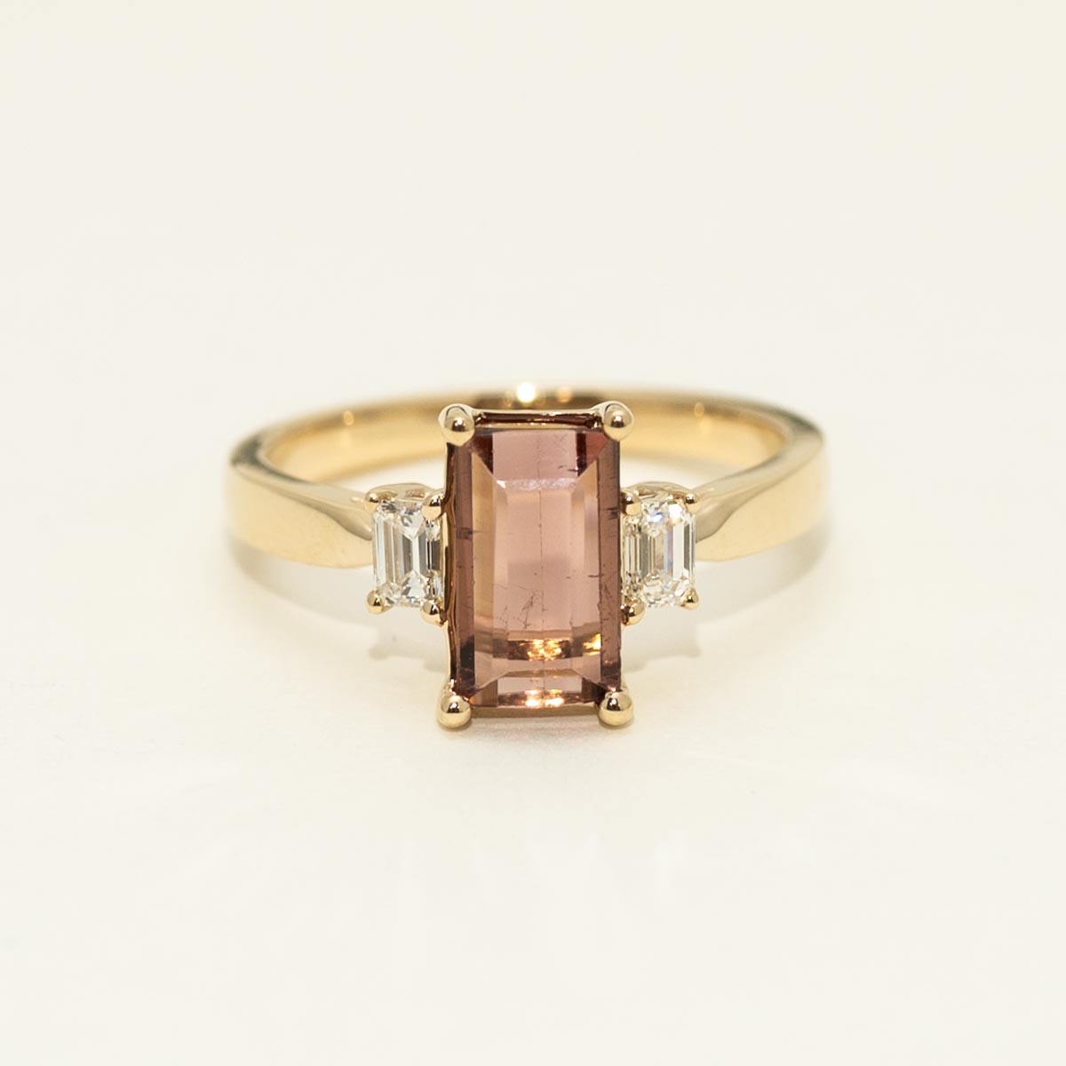 Emerald Cut Maine Pink Tourmaline Ring in 14kt Yellow Gold with Diamonds (1/4ct tw)