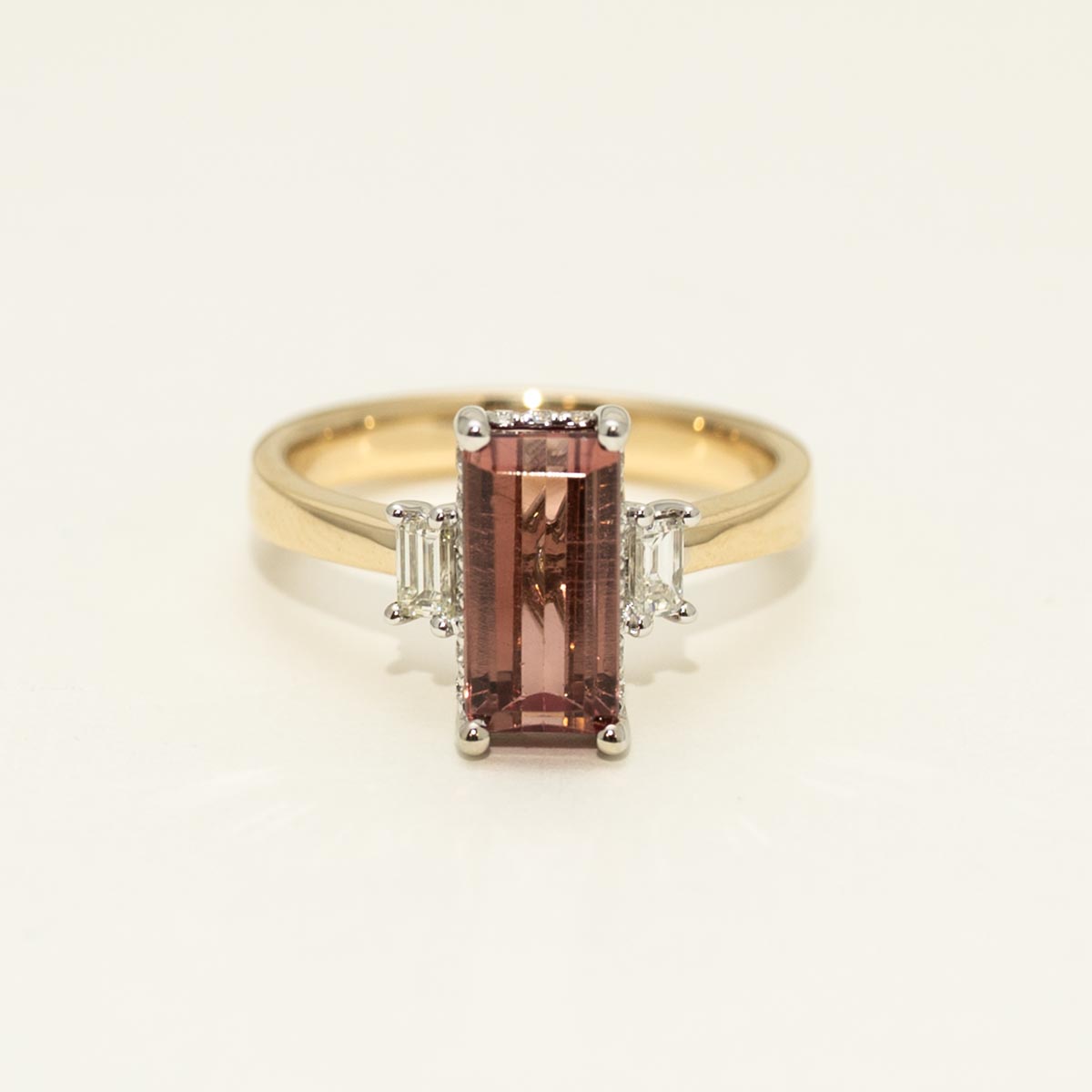 Emerald Cut Maine Pink Tourmaline Ring in 14kt Yellow and White Gold with Diamonds (1/3ct tw)
