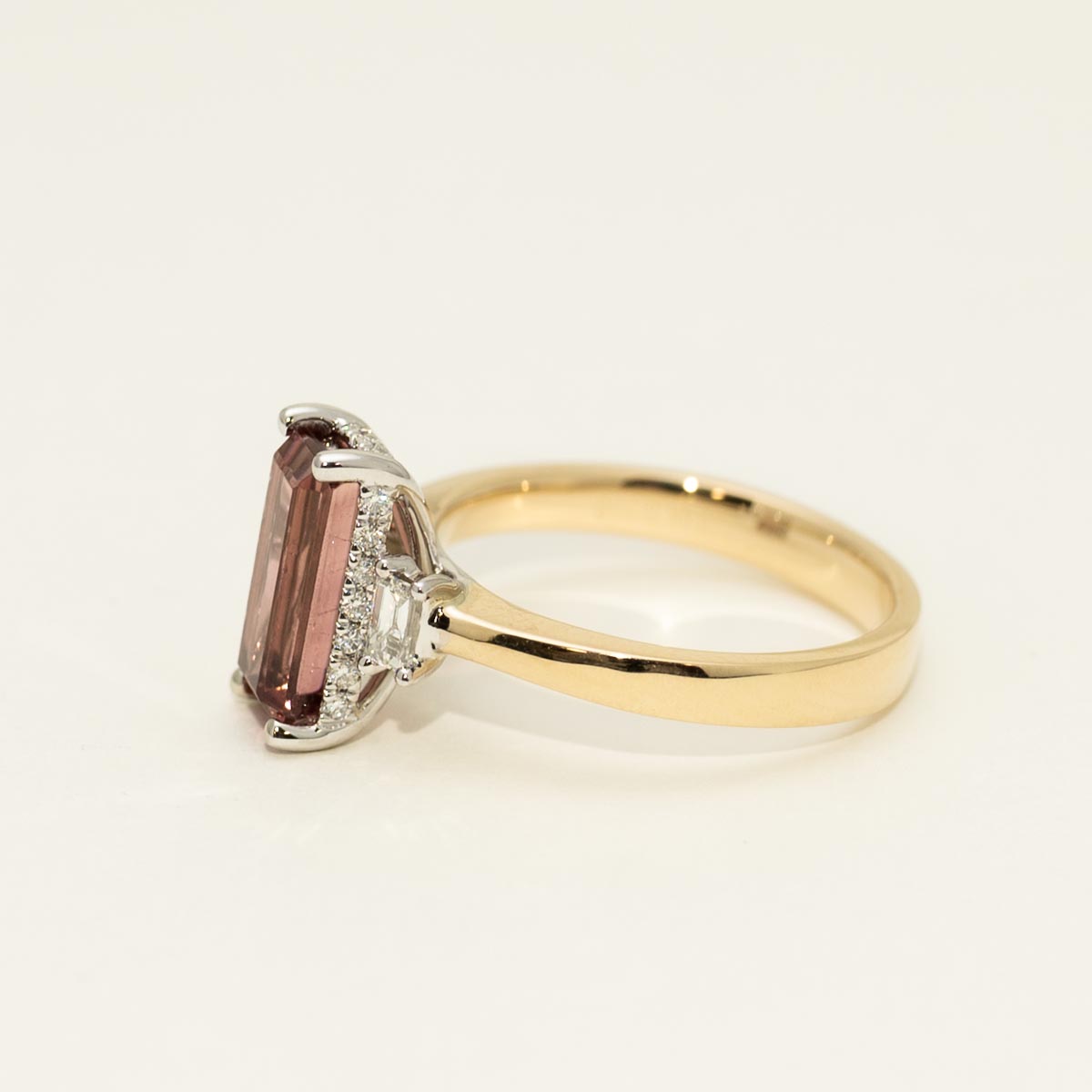 Emerald Cut Maine Pink Tourmaline Ring in 14kt Yellow and White Gold with Diamonds (1/3ct tw)