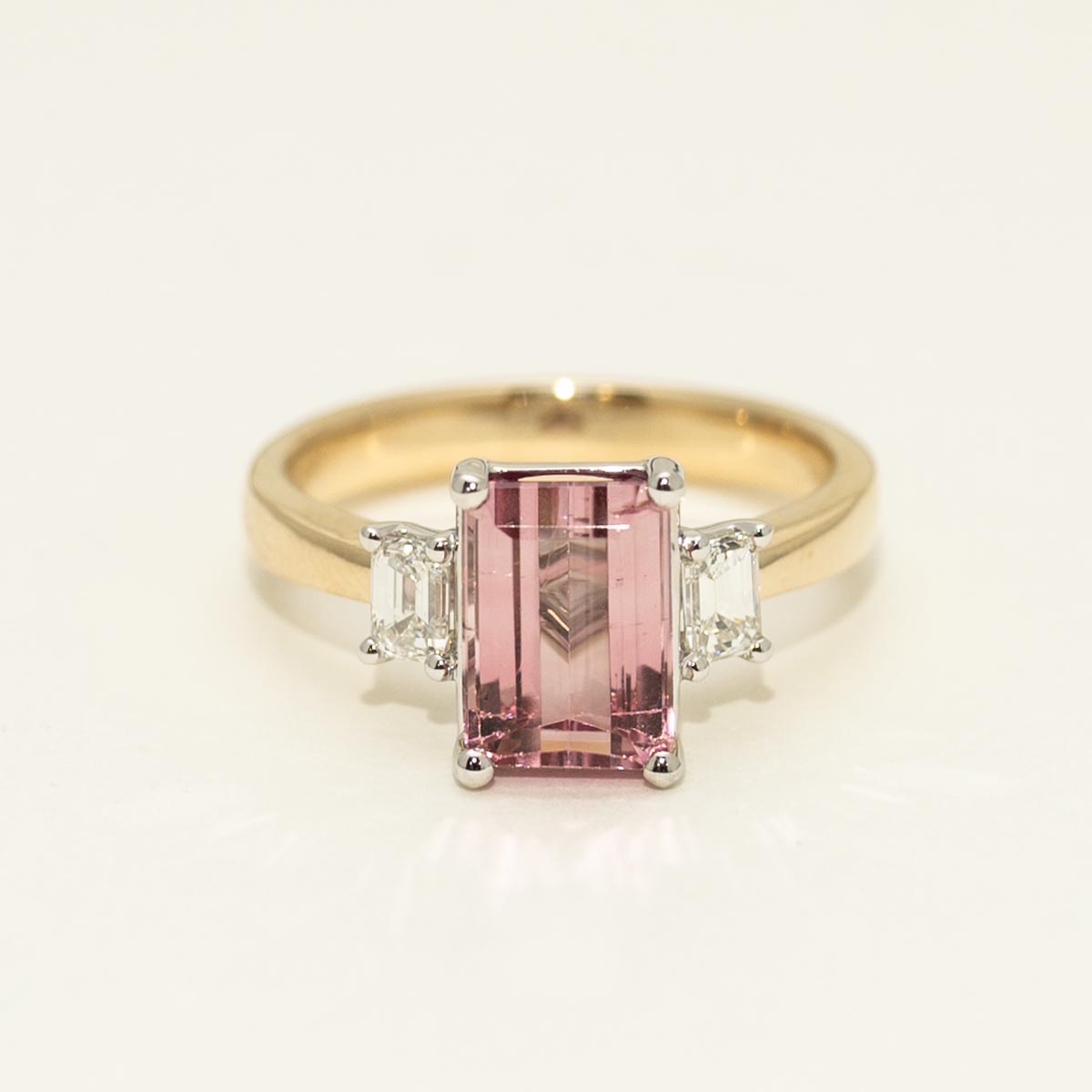 Emerald Cut Maine Pink Tourmaline Ring in 14kt Yellow and White Gold with Diamonds (3/8ct tw)