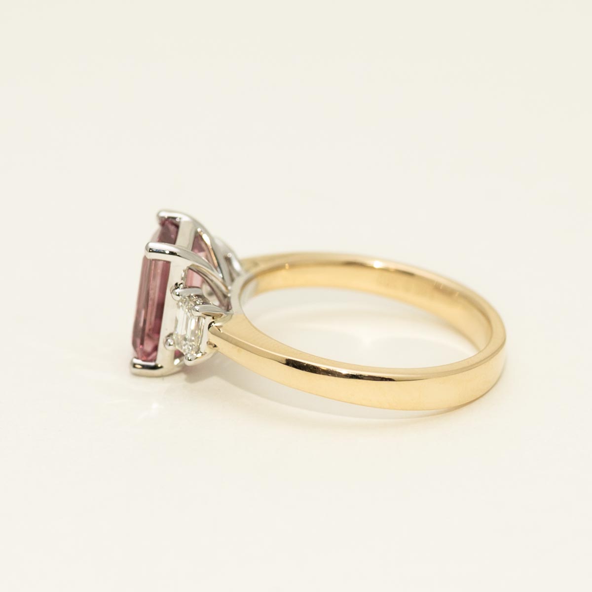 Emerald Cut Maine Pink Tourmaline Ring in 14kt Yellow and White Gold with Diamonds (3/8ct tw)