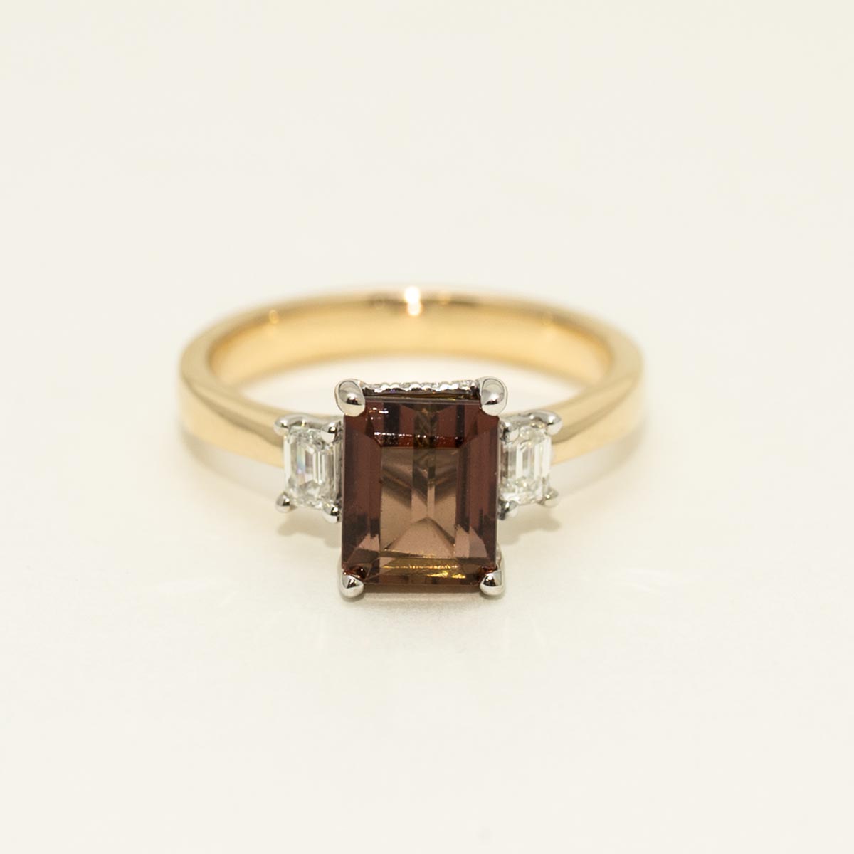 Emerald Cut Maine Pink Tourmaline Ring in 14kt Yellow and White Gold with Diamonds (1/3ct tw)