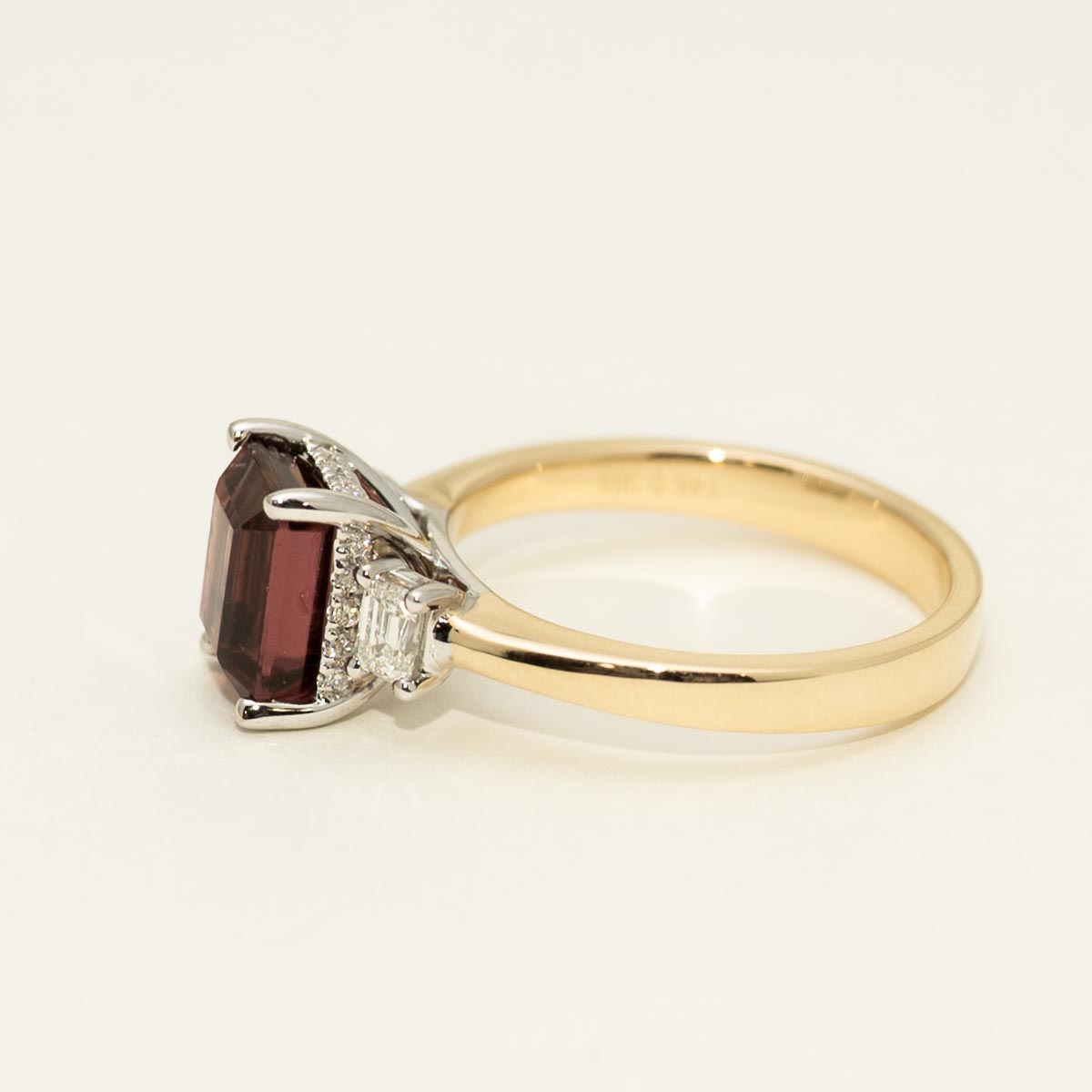 Emerald Cut Maine Pink Tourmaline Ring in 14kt Yellow and White Gold with Diamonds (1/3ct tw)