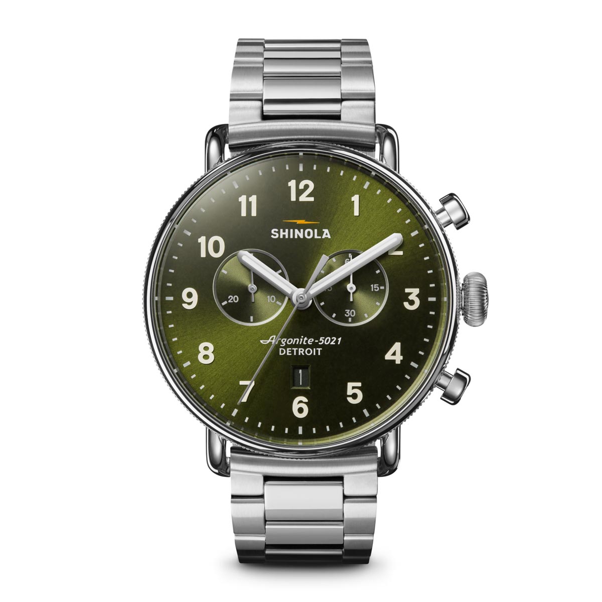 Shinola Canfield Chrono Watch with Olive Green Dial and Stainless Steel Bracelet (quartz movement)
