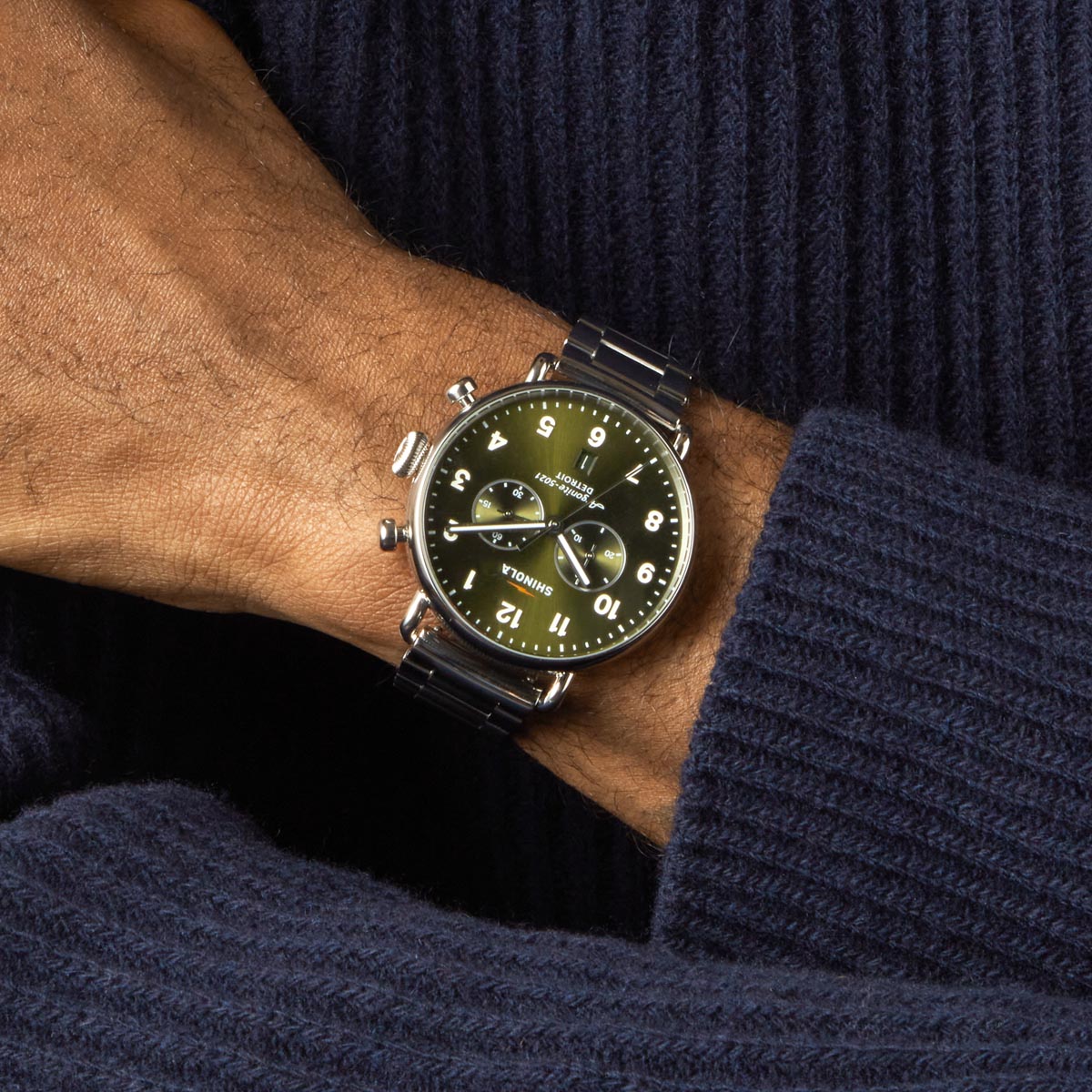 Shinola Canfield Chrono Watch with Olive Green Dial and Stainless Steel Bracelet (quartz movement)