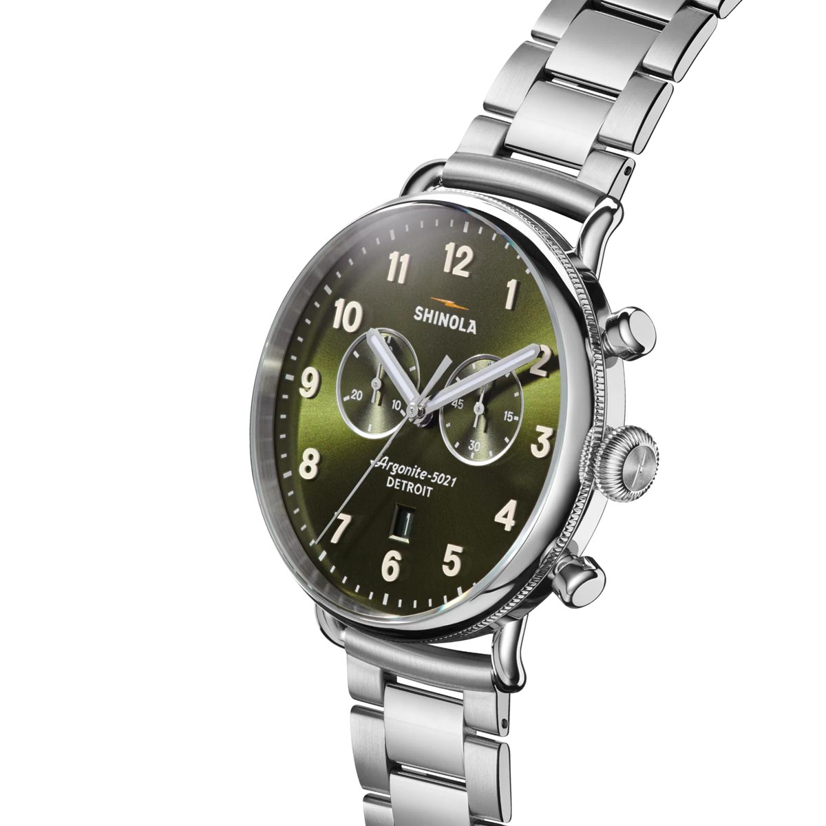 Shinola Canfield Chrono Watch with Olive Green Dial and Stainless Steel Bracelet (quartz movement)