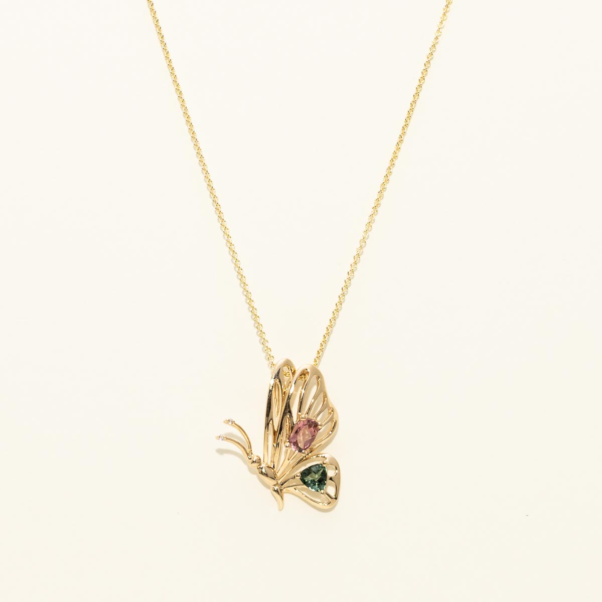 Maine Pink Cushion Cut and Green Trillion Cut Tourmaline Butterfly Necklace in 14kt Yellow Gold with Diamonds (.01ct tw)