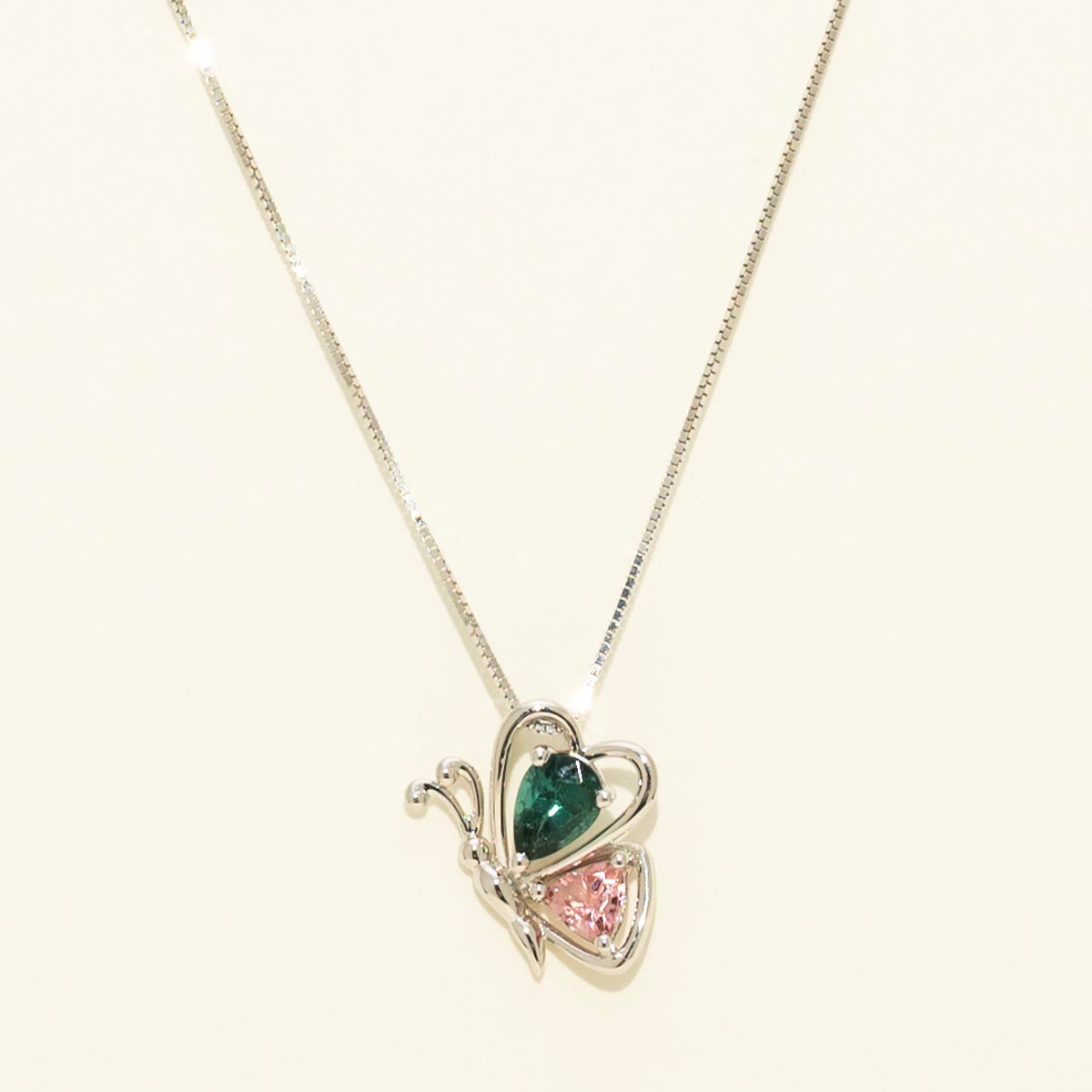 Maine Pear Shape Indicolite and Trillion Shape Pink Tourmaline Butterfly Necklace in 14kt White Gold