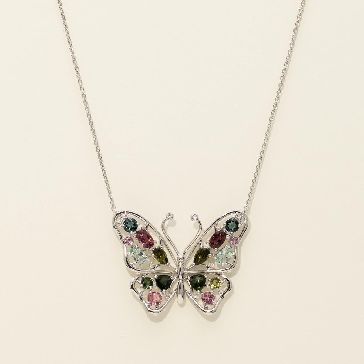 Maine Multi Colored Tourmaline Butterfly Necklace in 14kt White Gold
