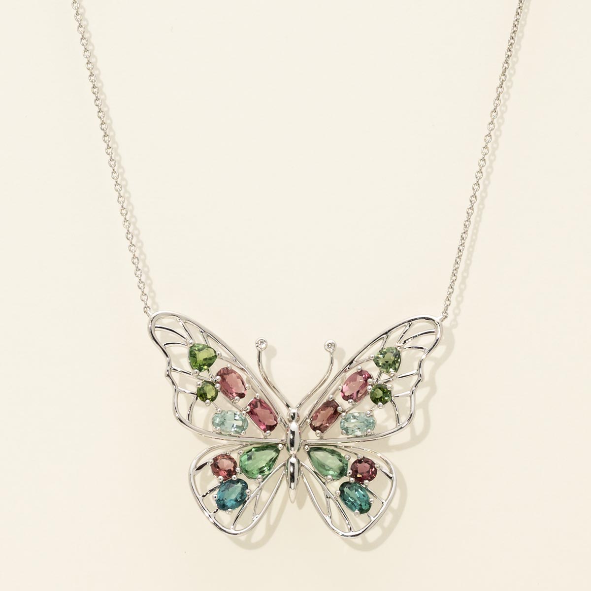 Maine Multi Colored Tourmaline Butterfly Necklace in 14kt White Gold with Diamonds (.01ct tw)