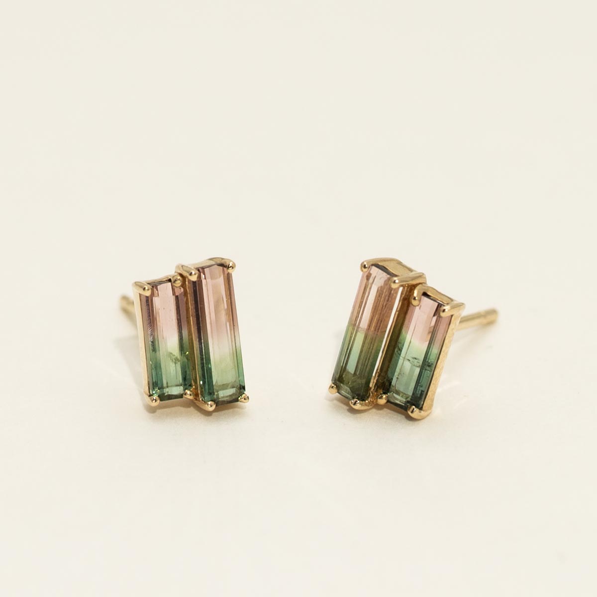Parlé Emerald Cut Bicolor Tourmaline Stud Earrings in 14kt Yellow Gold