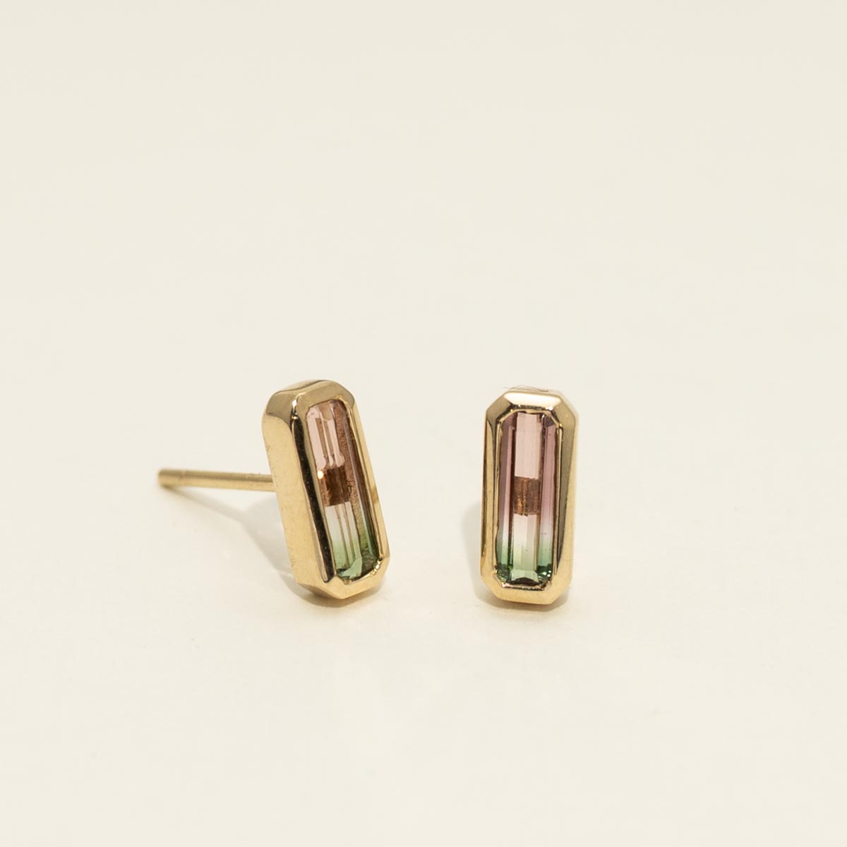 Emerald Cut Bicolor Tourmaline Bezel Earrings in 14kt Yellow Gold