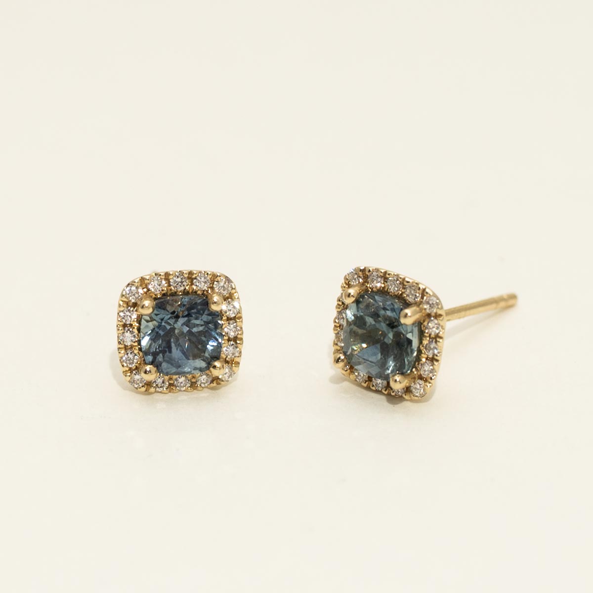 Parlé Cushion Cut Montana Sapphire Halo Stud Earrings in 14kt Yellow Gold with Diamonds (1/7ct tw)