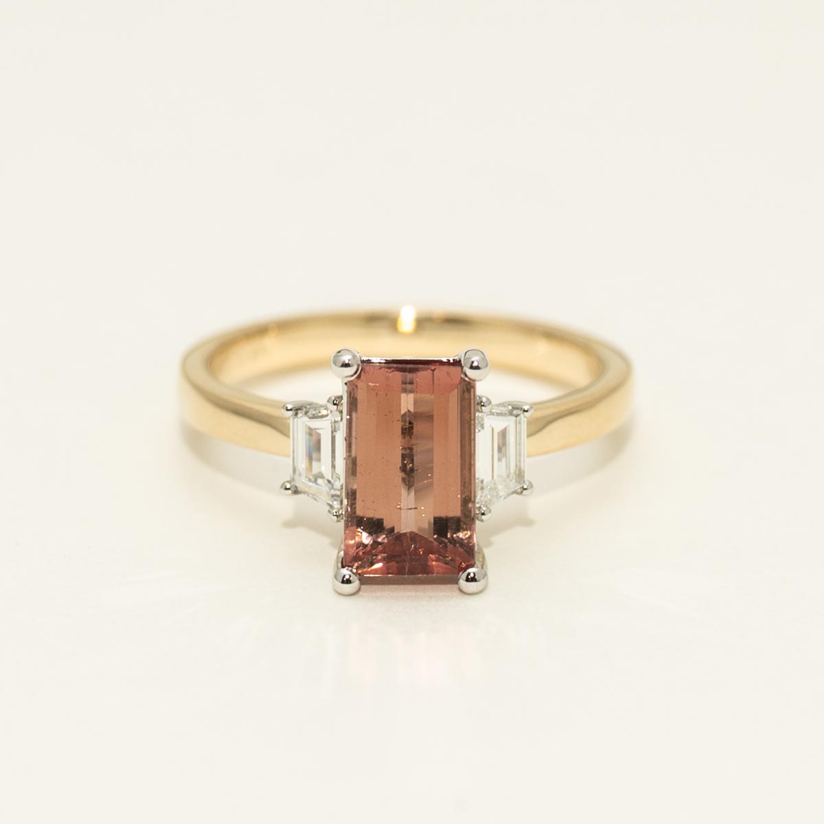 Emerald Cut Maine Pink Tourmaline Ring in 14kt Yellow and White Gold with Diamonds (1/3ct tw)