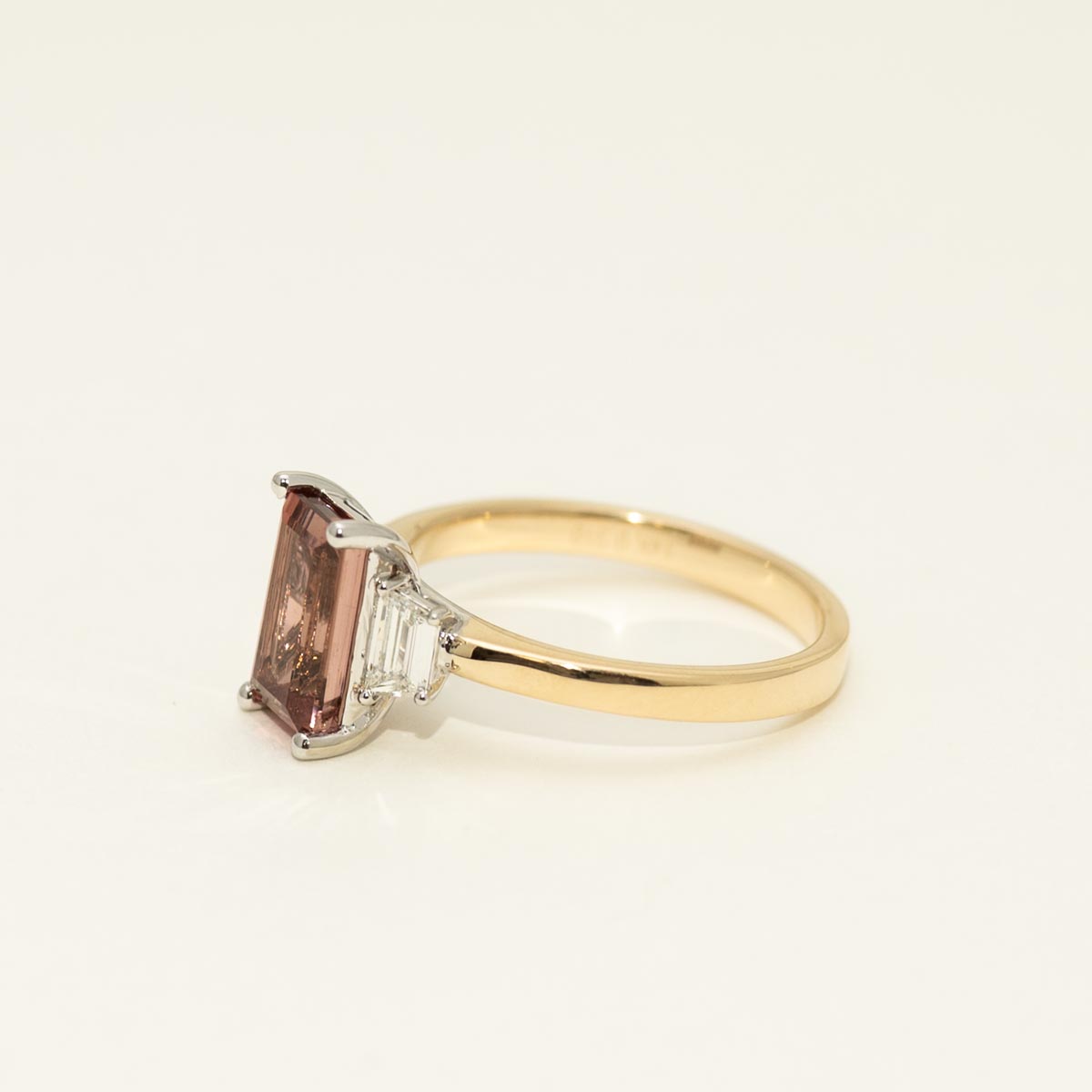 Emerald Cut Maine Pink Tourmaline Ring in 14kt Yellow and White Gold with Diamonds (1/3ct tw)