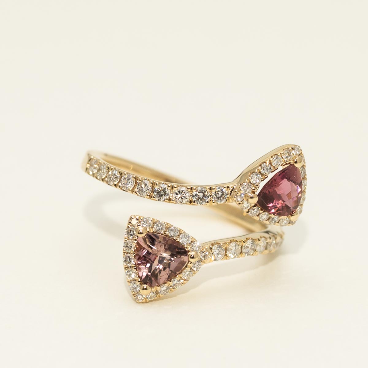 Trillion Cut Maine Pink Tourmaline Ring in 14kt Yellow Gold with Diamonds (1/2ct tw)