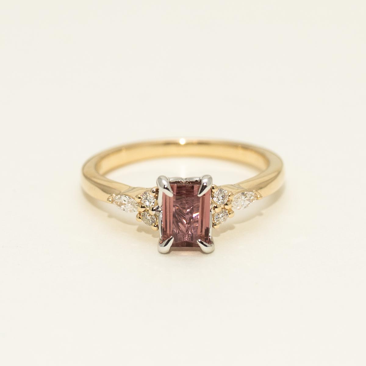 Emerald Cut Maine Pink Tourmaline Ring in 14kt Yellow and White Gold with Diamonds (1/7ct tw)