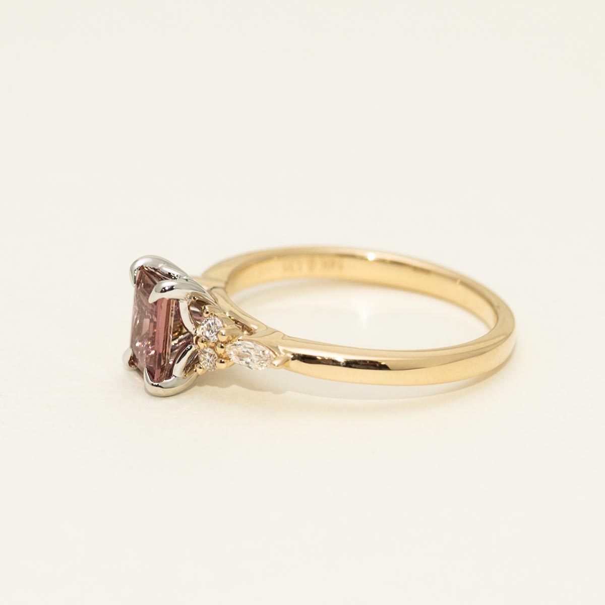 Emerald Cut Maine Pink Tourmaline Ring in 14kt Yellow and White Gold with Diamonds (1/7ct tw)