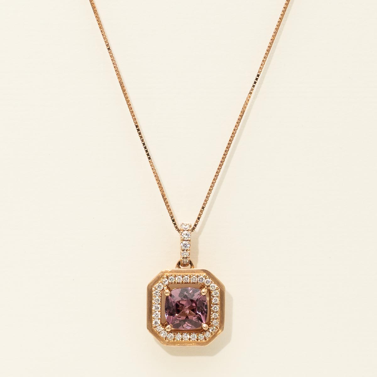 Parlé Cushion Cut Lotus Garnet Halo Necklace in 14kt Rose Gold with Diamonds (1/7ct tw)