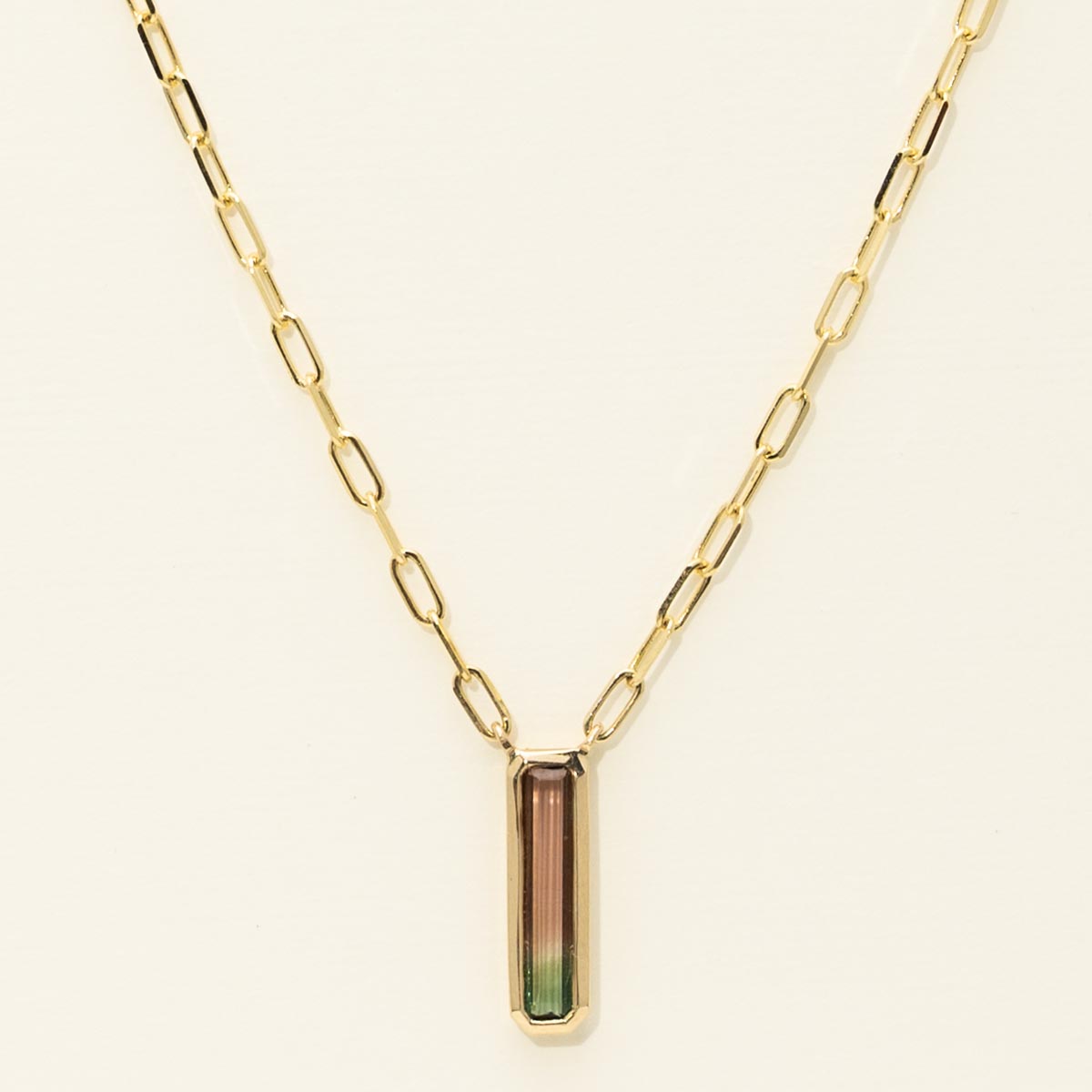 Parlé Emerald Cut Bicolor Tourmaline Bezel Necklace in 14kt Yellow Gold
