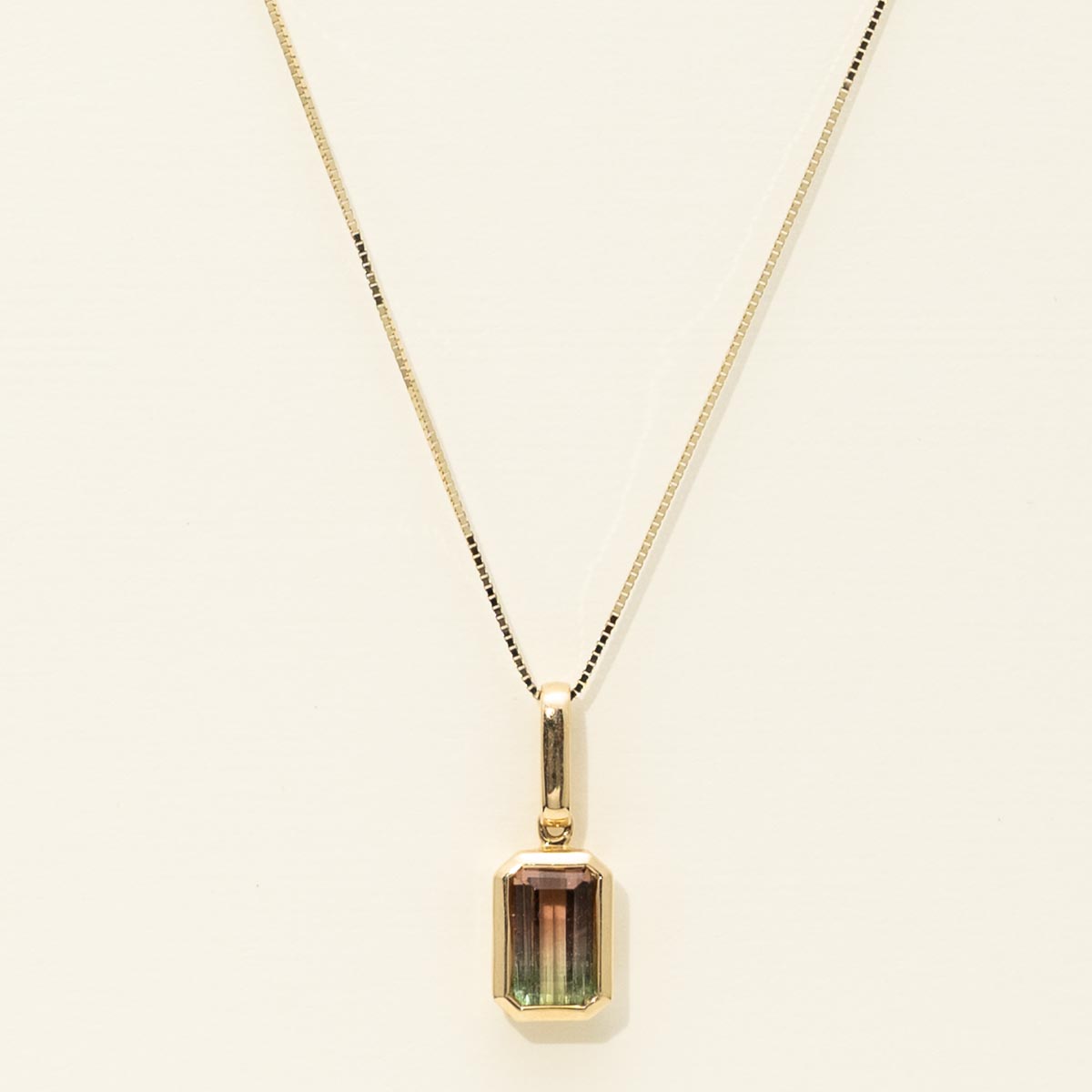 Parlé Emerald Cut Bicolor Tourmaline Bezel Necklace in 14kt Yellow Gold
